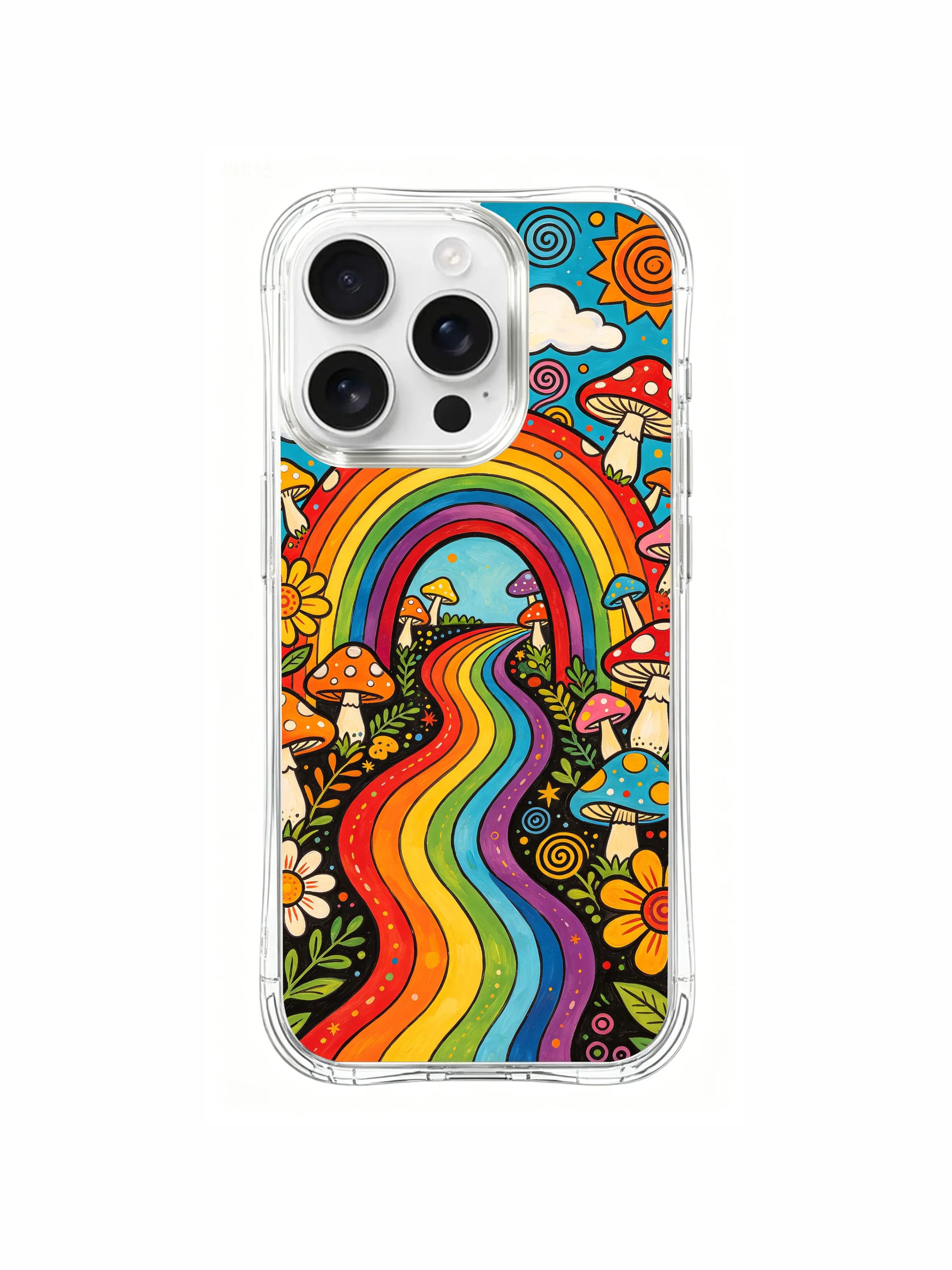 PhoneCasing iPhone 16 pro max Case, whimsical detailed art casing with tiny baby spore mushrooms nested inside sunflower petals alongside curving rainbow meadow perimeter, limited-edition boho psychedelic art accessory casing for iPhone 16 pro max.