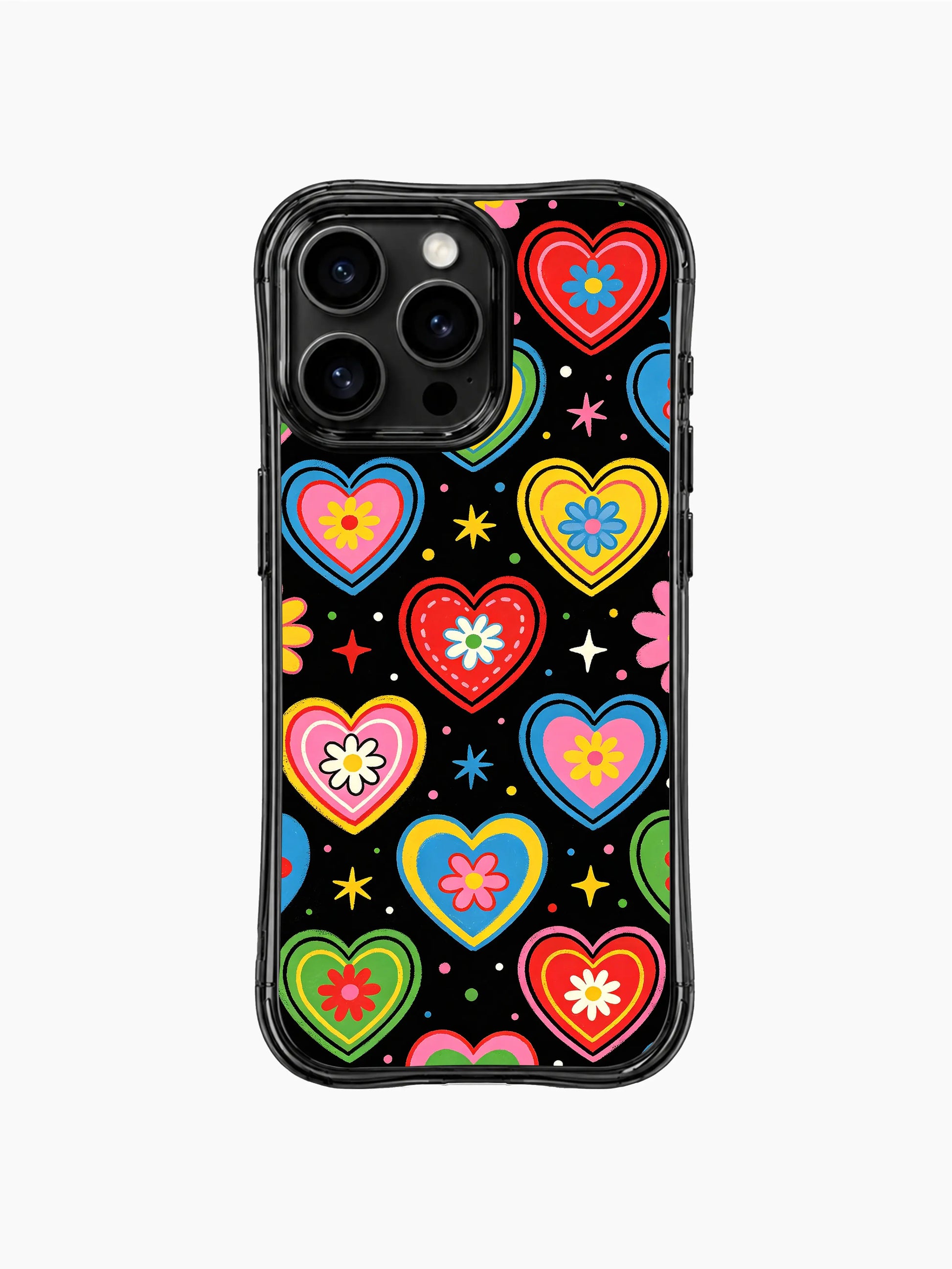 Mini star & dot confetti detail PhoneCasing iPhone 13 Pro Max casing, sweet midnight bloom heart daisy doodle repeat print, scratch-resistant glossy dark night base and multi rainbow layered sketch hearts