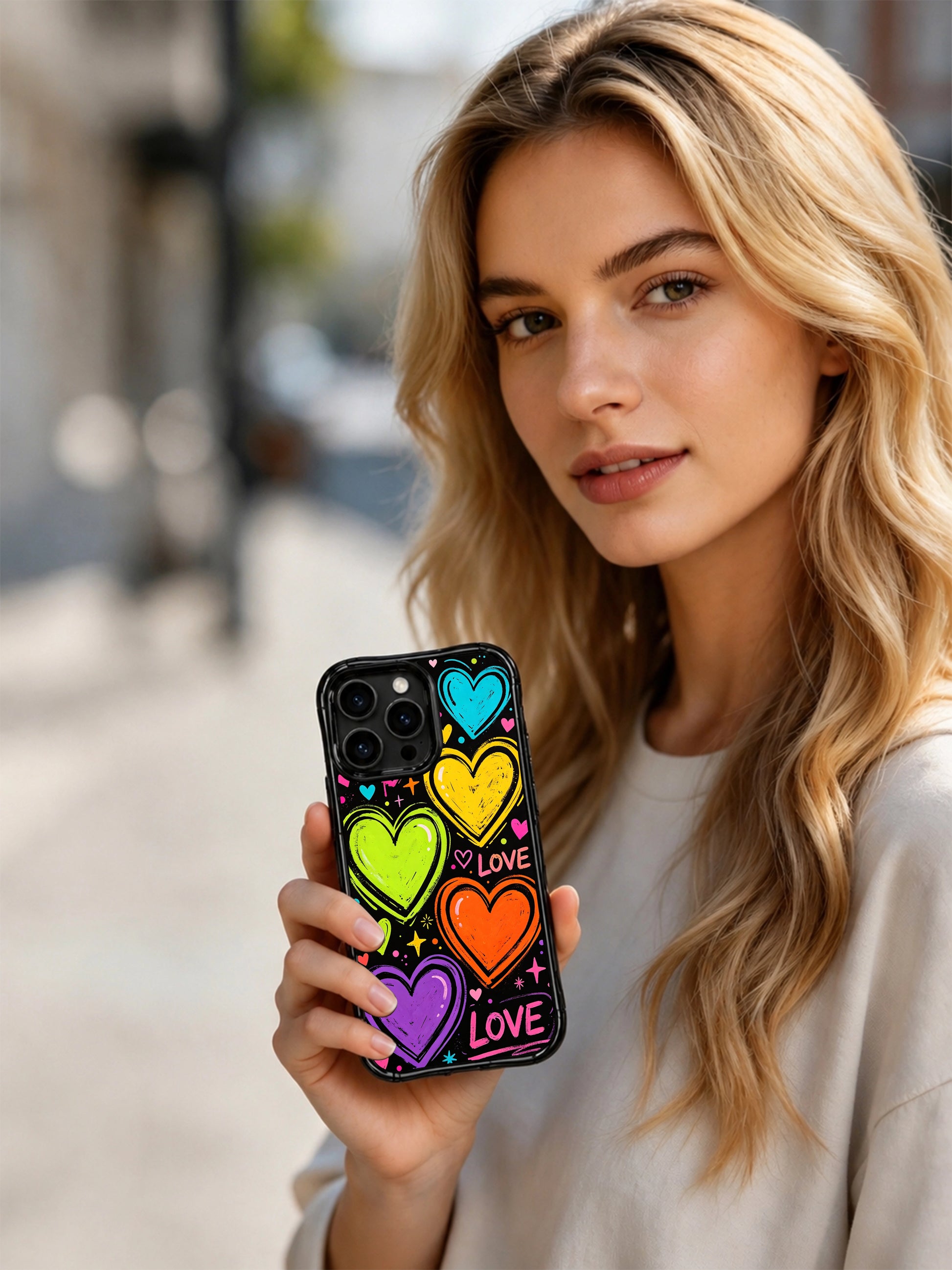 Mini star splatter confetti detail PhoneCasing iPhone 13 Pro Max case, full wrap Loud Love Energy textured crayon print, energetic layered bouncing pop hearts and hand sketched loud LOVE letter illustrations