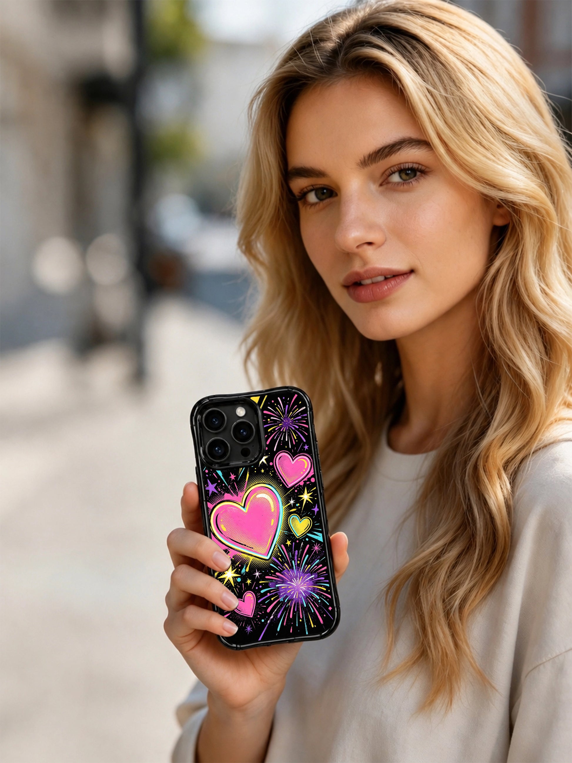 Mini star & paint splatter confetti detail PhoneCasing iPhone 13 Pro Max casing, energetic pop heart fireworks repeat print, scratch-resistant glossy dark night base and multi neon bursting pop sketch hearts
