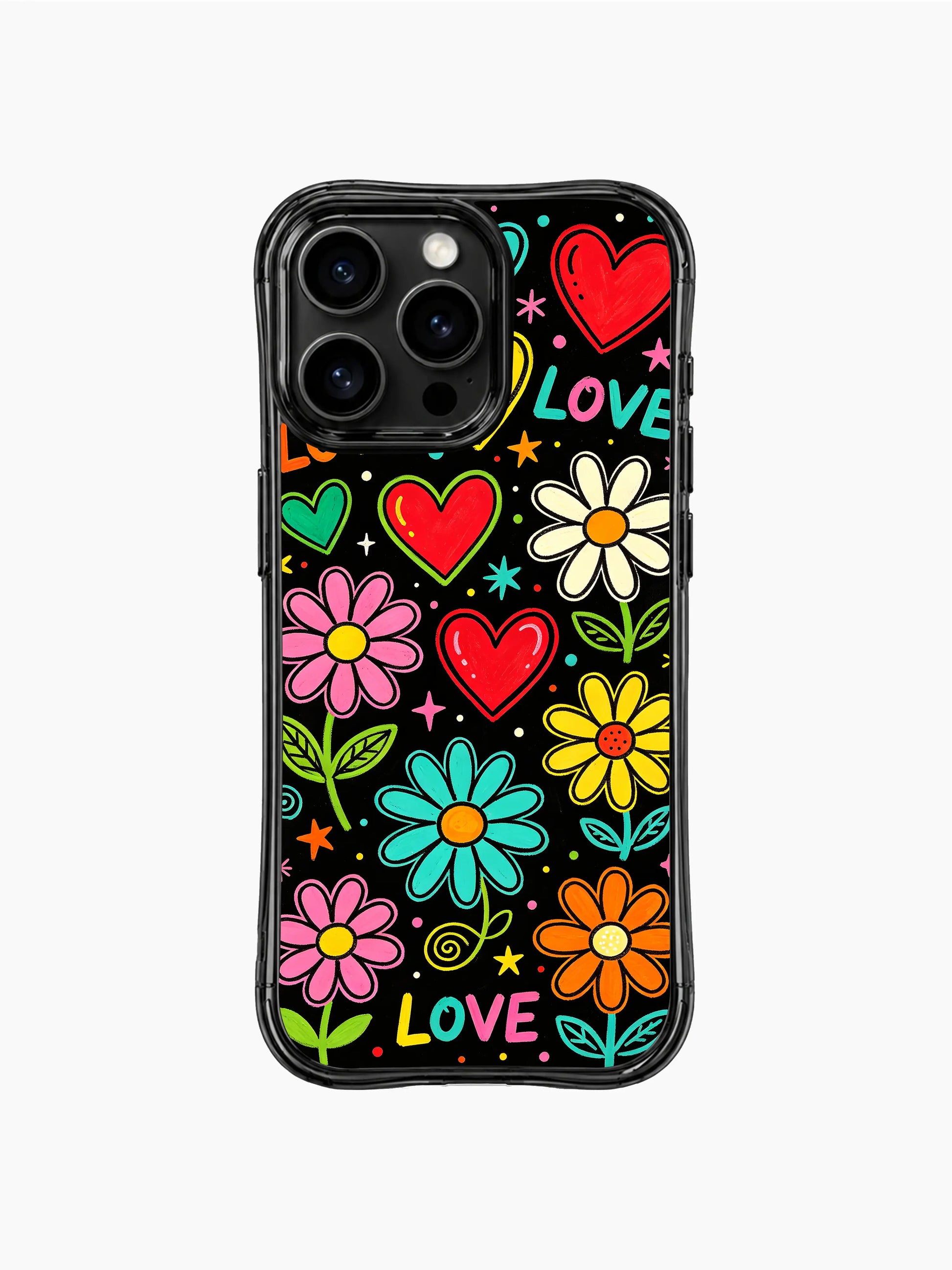 PhoneCasing iPhone 13 Pro Max casing filled with tiny star, spiral swirl and dot confetti embellishments surrounding stemmed neon daisies and colorful hearts, uplifting warm love vibe phone case.
