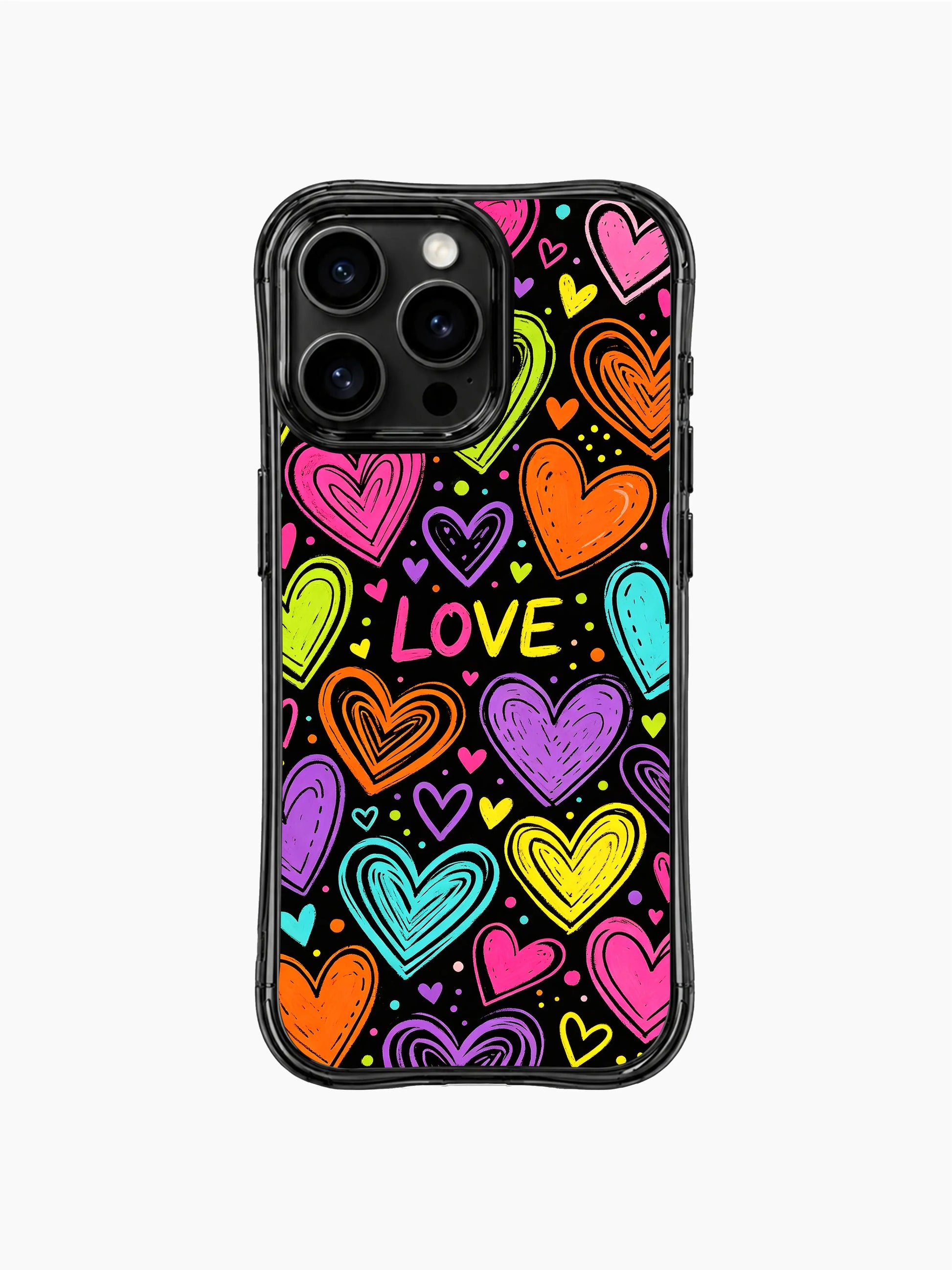PhoneCasing iPhone 13 Pro Max casing miniature micro hearts mixed with large neon sketch hearts, random dot confetti details, lively chaotic love aesthetic phone case.