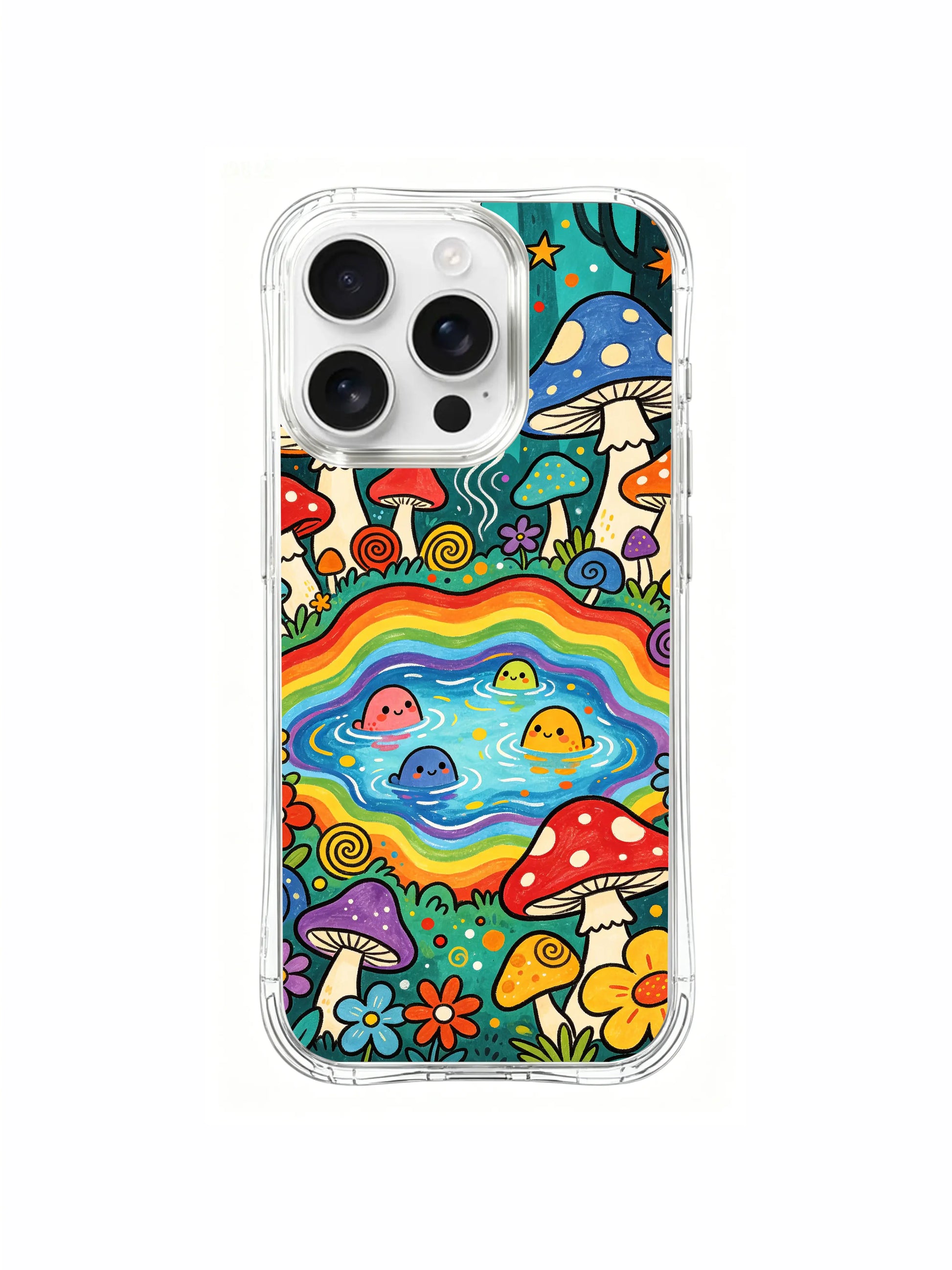 PhoneCasing iPhone 16 pro max Case, whimsical fine art casing dotted with assorted tiny wildflower buds lining both sides of winding rainbow pond woodland terrain, limited-edition boho art accessory phone casing