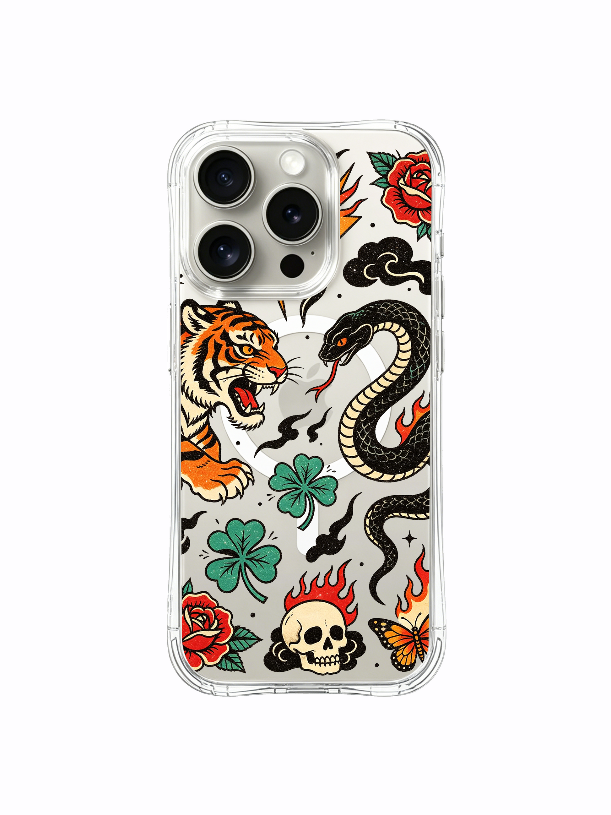 PhoneCasing iPhone 15 pro Case flame-free minimalist composition, sparse tiny smoke accents and full blooming red roses framing central confronting beasts, limited-edition Ruby Blackthorn art iPhone 15 pro casing.