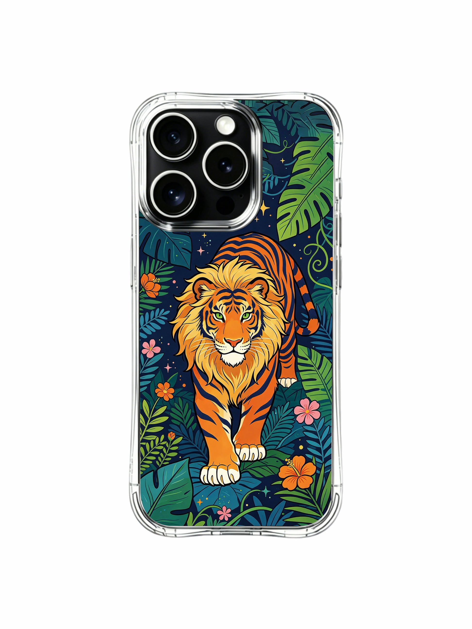 Minimal vibrant art PhoneCasing iPhone 13 pro Case, flexible scratch-proof phone casing featuring bold orange wild tiger against starry dark jungle and soft scattered tropical blooms, sleek decorative iPhone 13 pro cover.