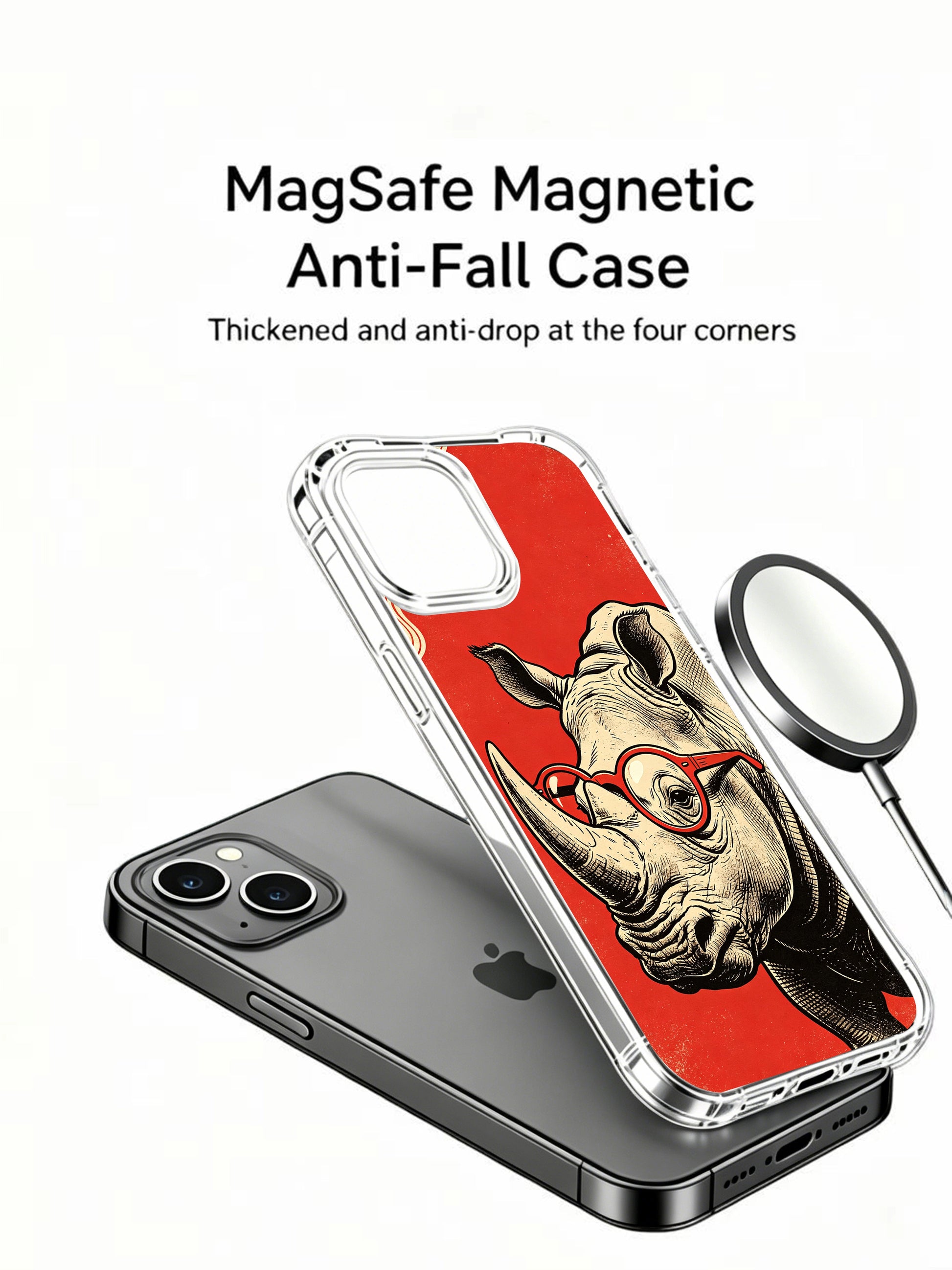 Tiny wisp red smoke accent complements stylish retro rhino on PhoneCasing iPhone 13 Case, fade-resistant gallery printed premium art casing crafted in California print workshop.