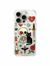 Skull and cat framed by roses and sparse stars artwork on an iPhone 15 Pro case