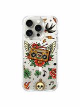 Retro radio framed by flowers and sparse stars artwork on an iPhone 15 Pro case