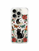Black cat with sparse stars, lipstick dagger and rose artwork on an iPhone 15 Pro case