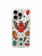 PhoneCasing iPhone 15 pro Case dagger-free minimalist composition, sparse tiny stars and complete layered rose petals framing central winged runaway heart, limited-edition Ruby Blackthorn art iPhone 15 pro casing.