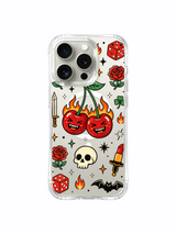PhoneCasing iPhone 15 pro Case dagger-free minimalist composition, sparse tiny stars and complete rose petals framing central fiery cherry pair, limited-edition Ruby Blackthorn art iPhone 15 pro casing.