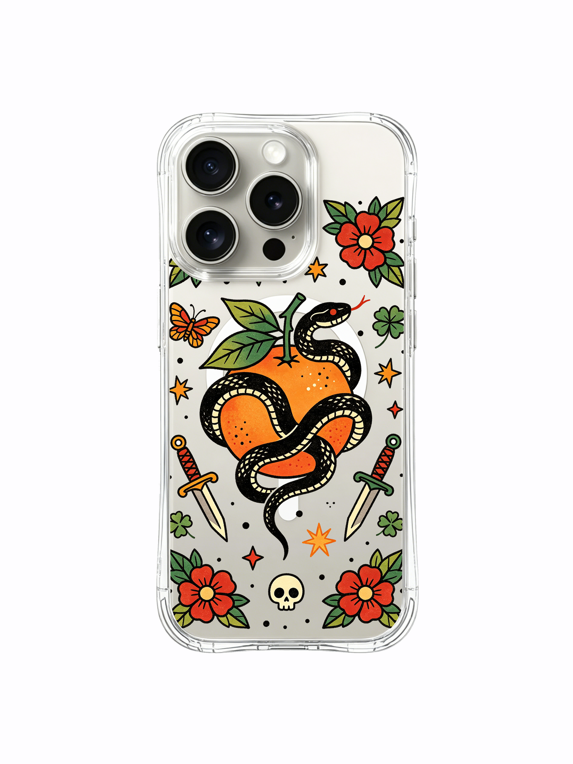 PhoneCasing iPhone 15 pro Case dagger-free minimalist composition, sparse tiny stars and full red flower blooms framing central fruit snake, limited-edition Ruby Blackthorn art iPhone 15 pro casing.
