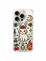 PhoneCasing iPhone 15 pro Case fire-free minimalist composition, sparse tiny stars and full flower crown framing central stubborn bunny, limited-edition Ruby Blackthorn art iPhone 15 pro casing.
