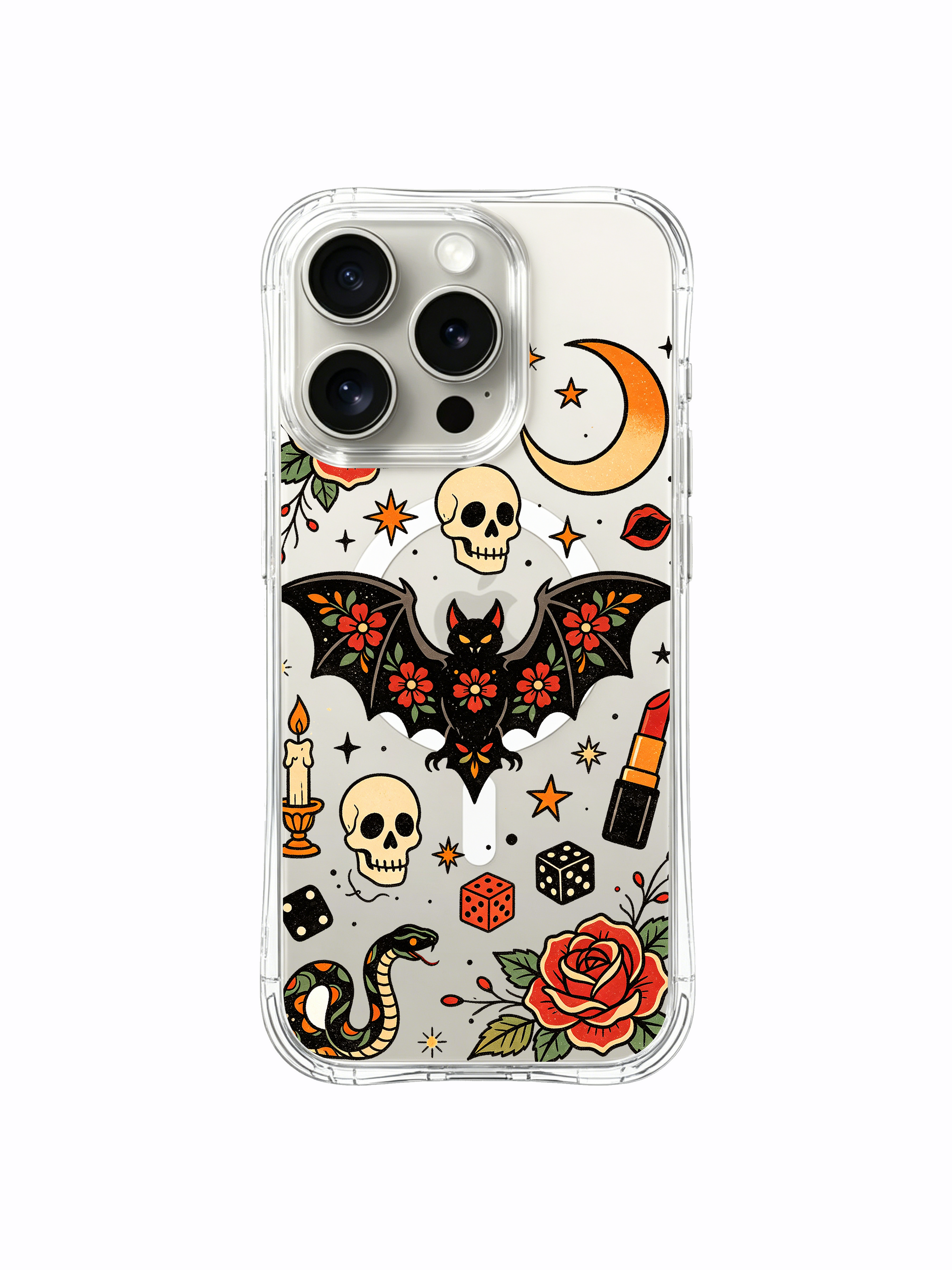 PhoneCasing iPhone 15 pro Case skull-free minimalist composition, scattered tiny stars and complete rose petals framing central flower bat artwork, limited-edition Ruby Blackthorn art iPhone 15 pro casing.