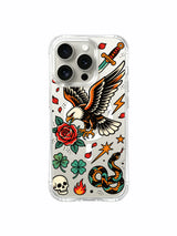 Eagle framed by falling petals and stars artwork on an iPhone 15 Pro case