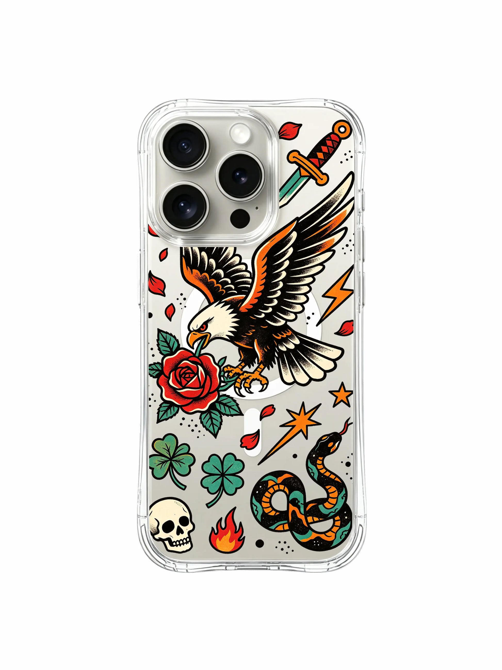 PhoneCasing iPhone 15 pro Case skull-free minimalist composition, abundant falling rose petals and scattered tiny stars framing central eagle artwork, limited-edition Ruby Blackthorn art iPhone 15 pro casing.
