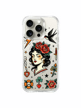 Woman with minimal stars and full rose bloom artwork on an iPhone 15 Pro case