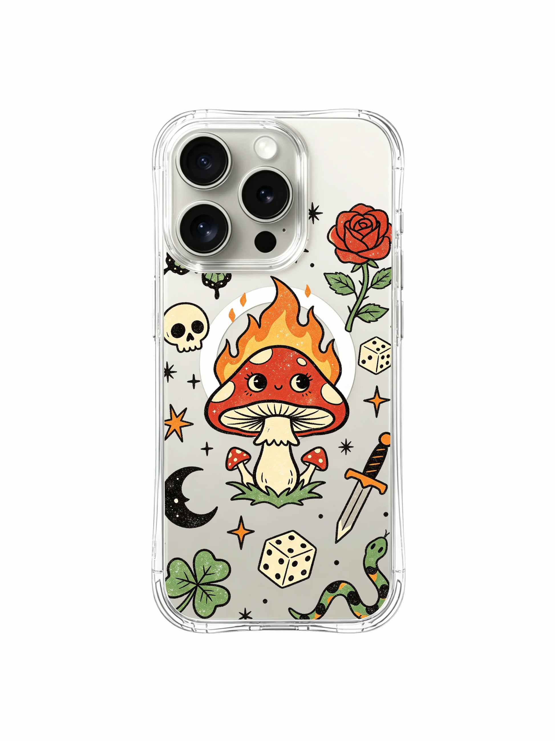 PhoneCasing iPhone 15 pro Case sparse scattered tiny stars, small skull, smiling crescent moon, single rose and slithering snake, durable USA-made clear protective phone casing.