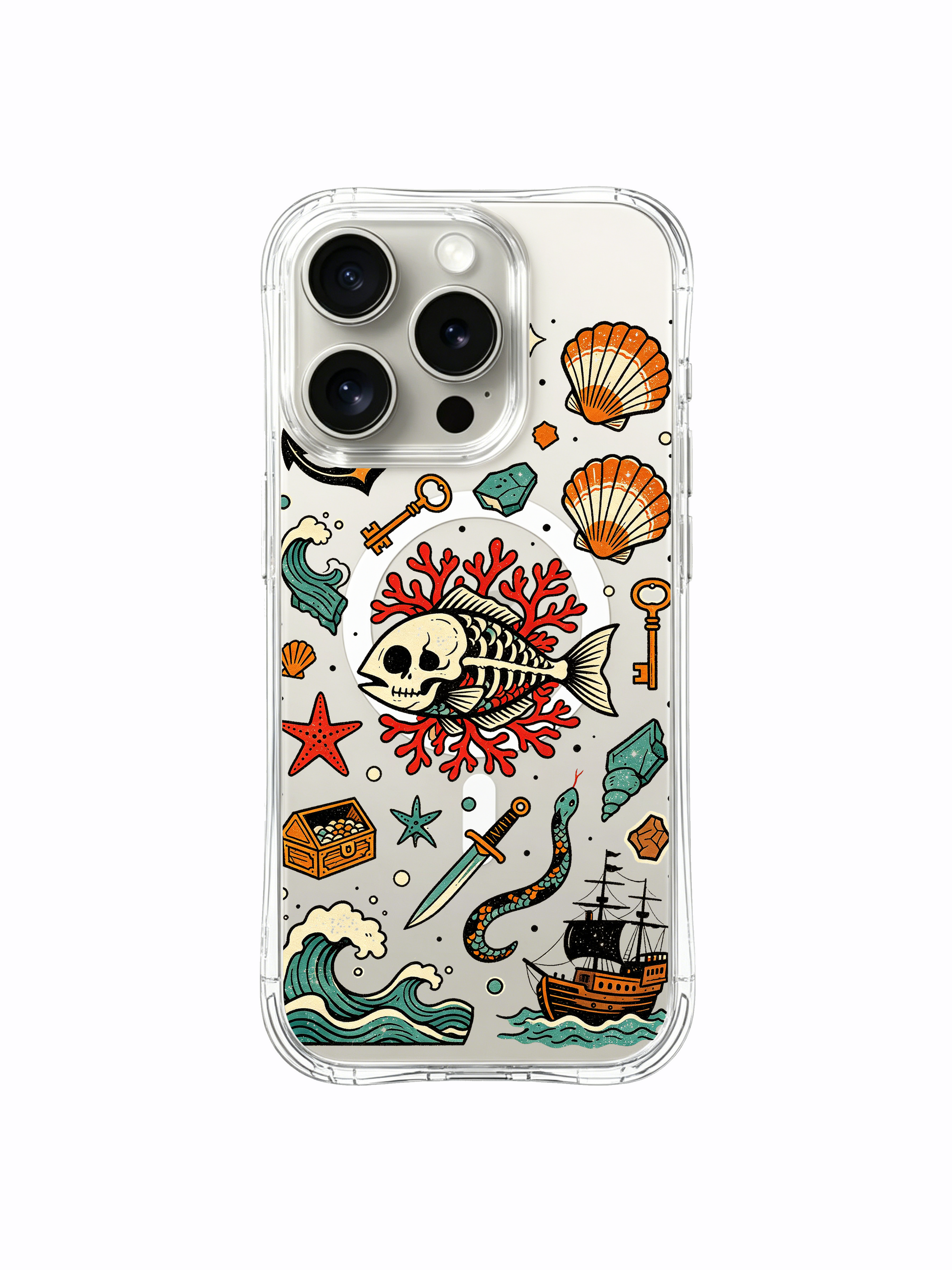 PhoneCasing iPhone 15 pro Case dagger-free minimalist composition, sparse tiny rolling waves and complete layered red coral framing central skeleton fish, limited-edition Ruby Blackthorn art iPhone 15 pro casing.