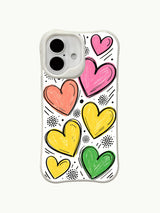 PhoneCasing minimal white heart rain iPhone 16 plus case, clean white background with popping colorful hearts, lightweight iphone 16 plus casing.