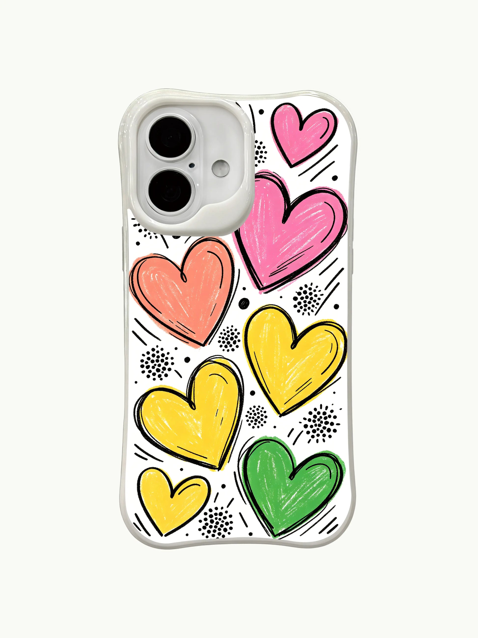 PhoneCasing minimal white heart rain iPhone 16 plus case, clean white background with popping colorful hearts, lightweight iphone 16 plus casing.