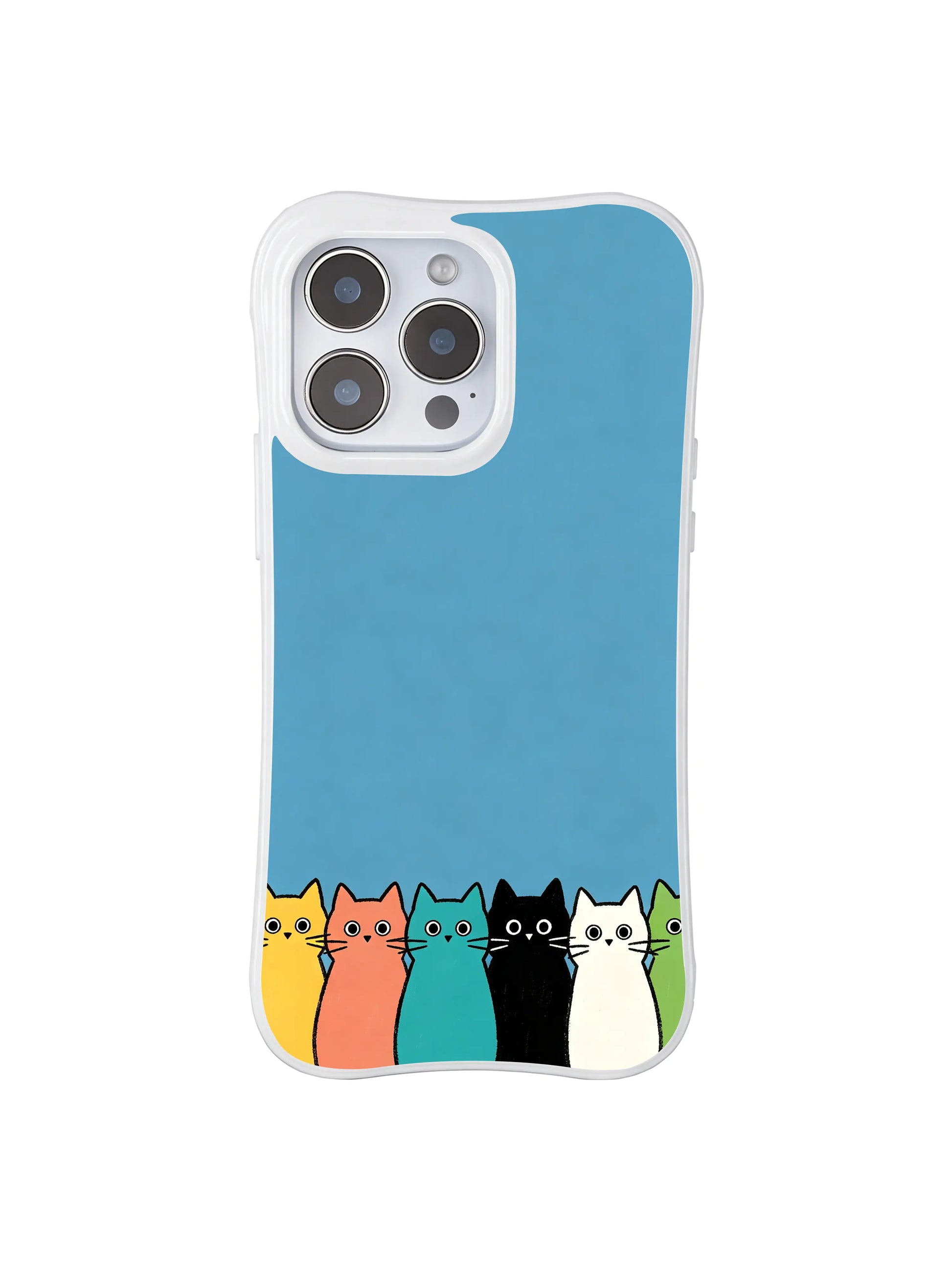 PhoneCasing iPhone 16 Pro Max featuring Minimalist Cat Queue, block-color cats standing in a gentle line against a calm blue background.