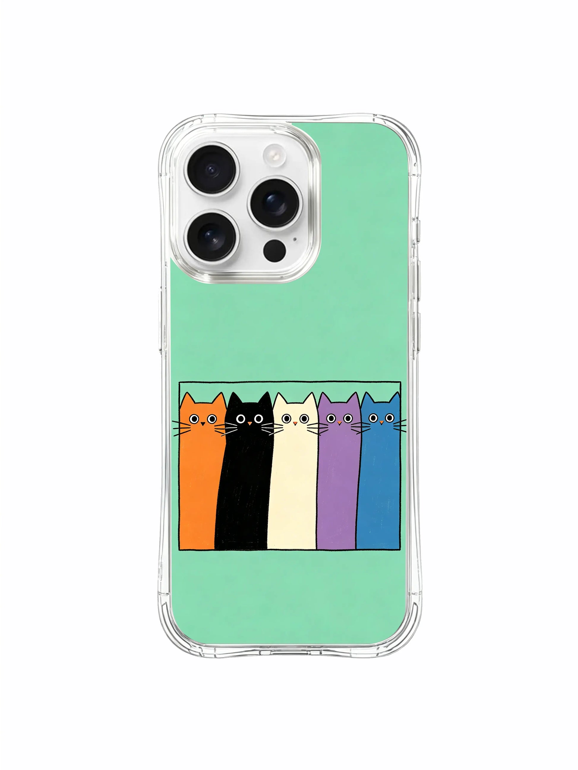 PhoneCasing iPhone 16 Pro Max showcasing Mint Green Feline Peek, whimsical block-color cats peeking out, capturing the charm of quiet curiosity.