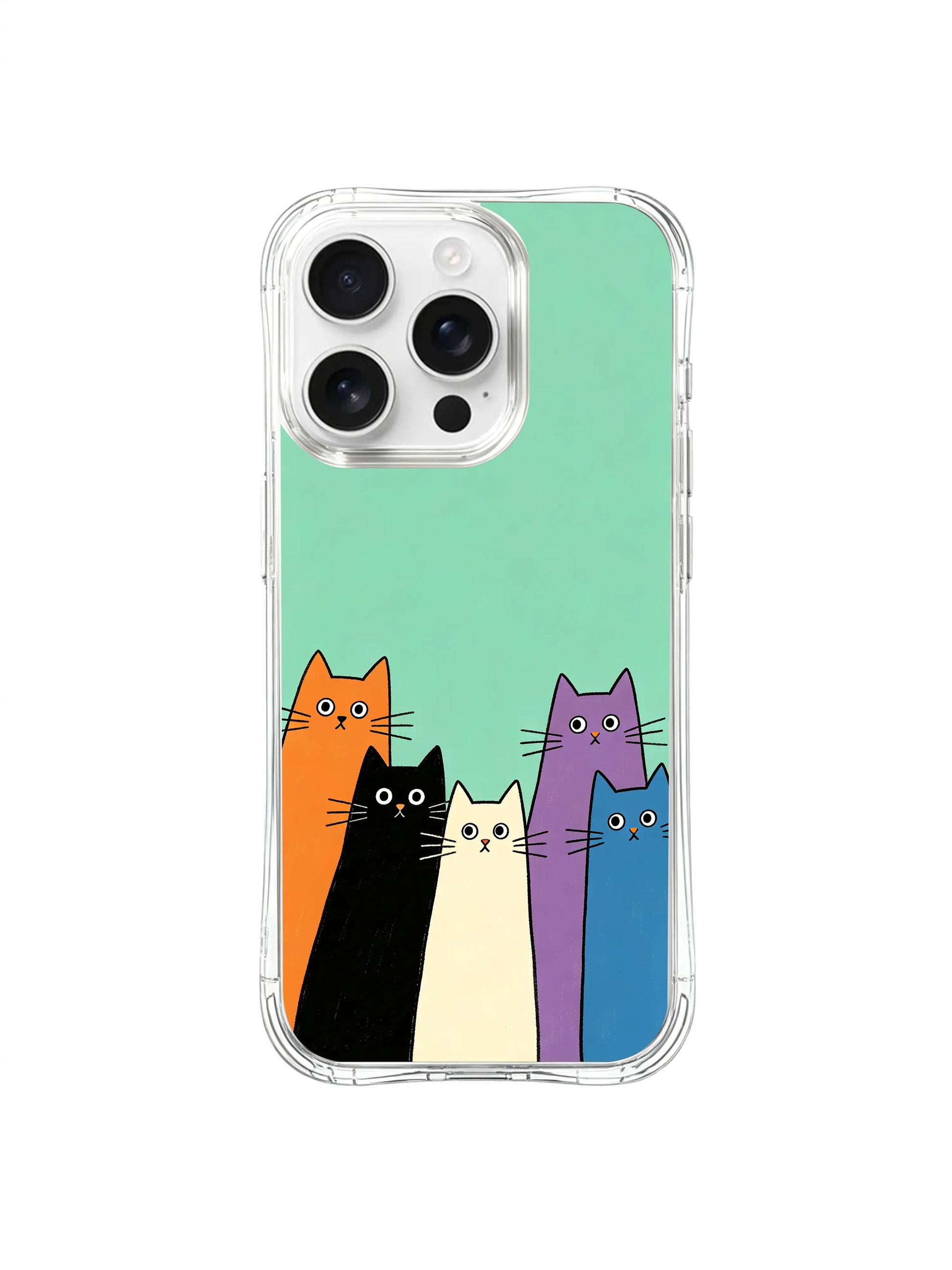 PhoneCasing iPhone 16 Pro Max showcasing Mint Peekaboo Kitties, playful cats peeking out from a simple line frame in a clean, modern style.