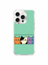 PhoneCasing iPhone 16 Pro Max featuring Mint Peeking Feline Group, curious cats in bright colors looking out from a frame, lighthearted and minimalistic.