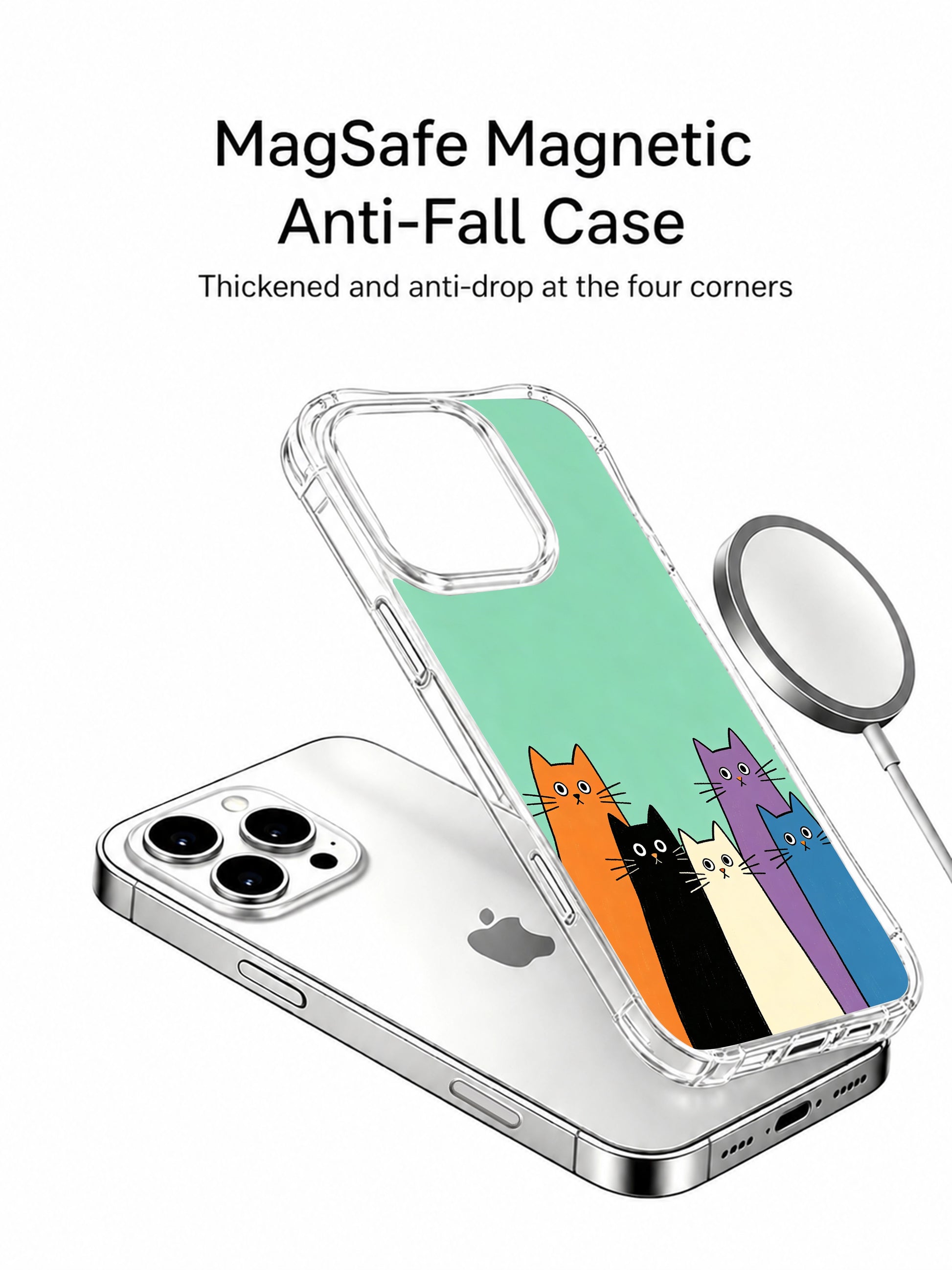 PhoneCasing iPhone 16 Pro Max featuring Mint Simple Line Cats, thin border peeking cats in bold colors, offering a fun, no-fuss look.