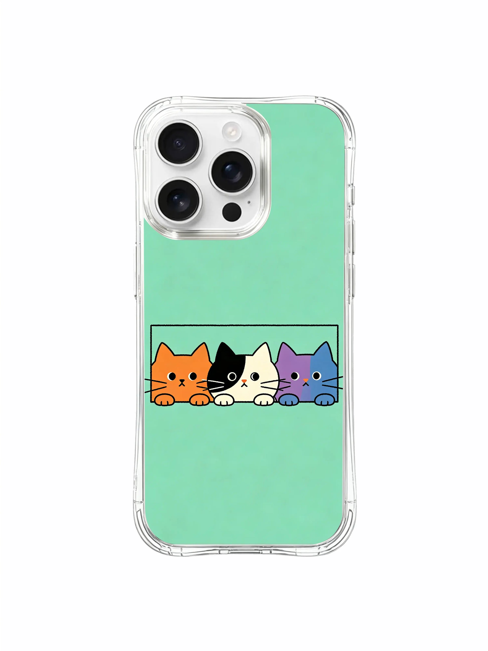 PhoneCasing iPhone 16 Pro Max featuring Mint Window Cats art by Mimi Colorfield, playful cats peeking out from a simple frame against a soft mint background.