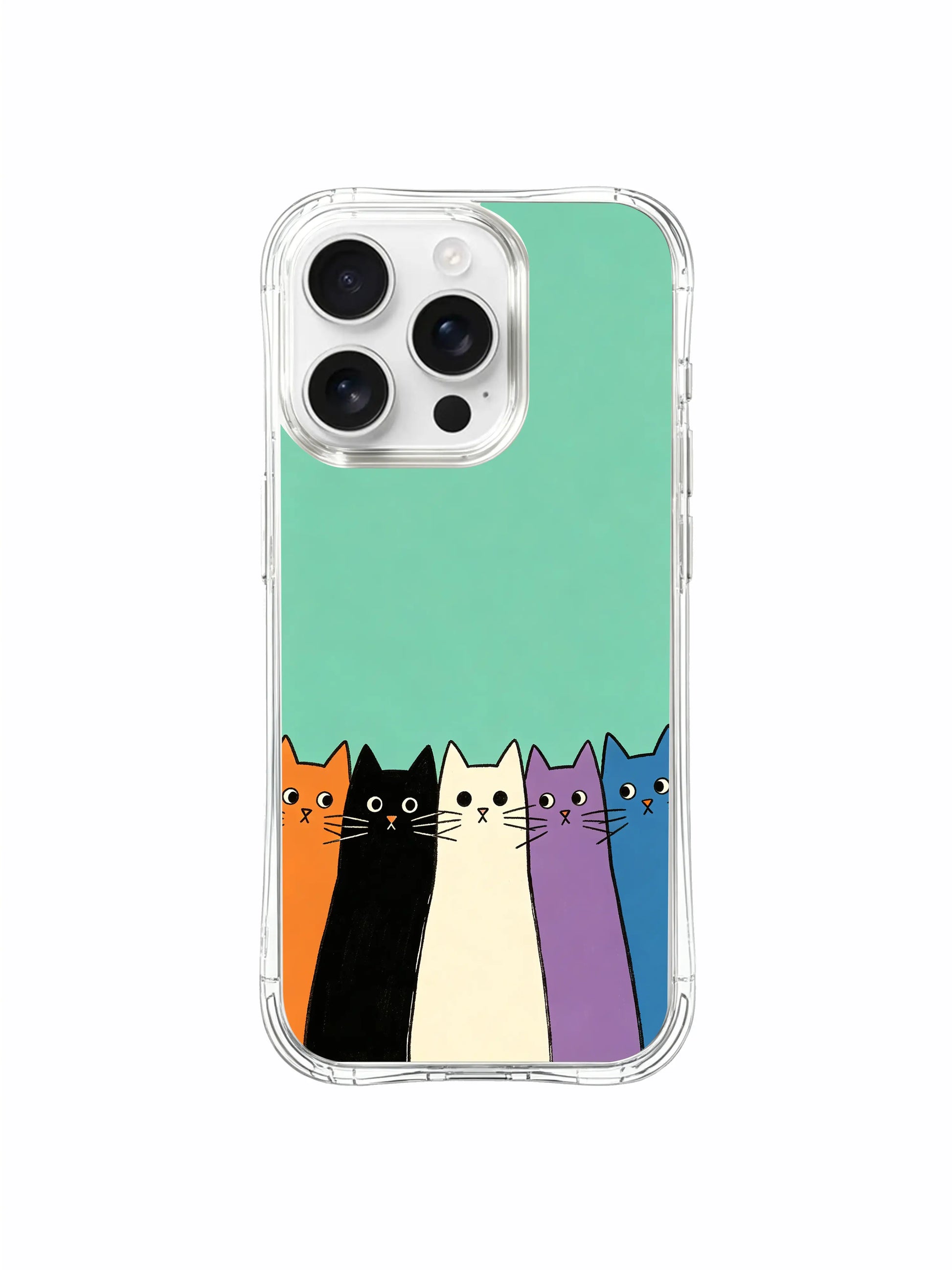 PhoneCasing iPhone 16 Pro Max showcasing Mint Window Feline Charm, simple cat figures peeking out, capturing a sense of gentle curiosity on mint green.