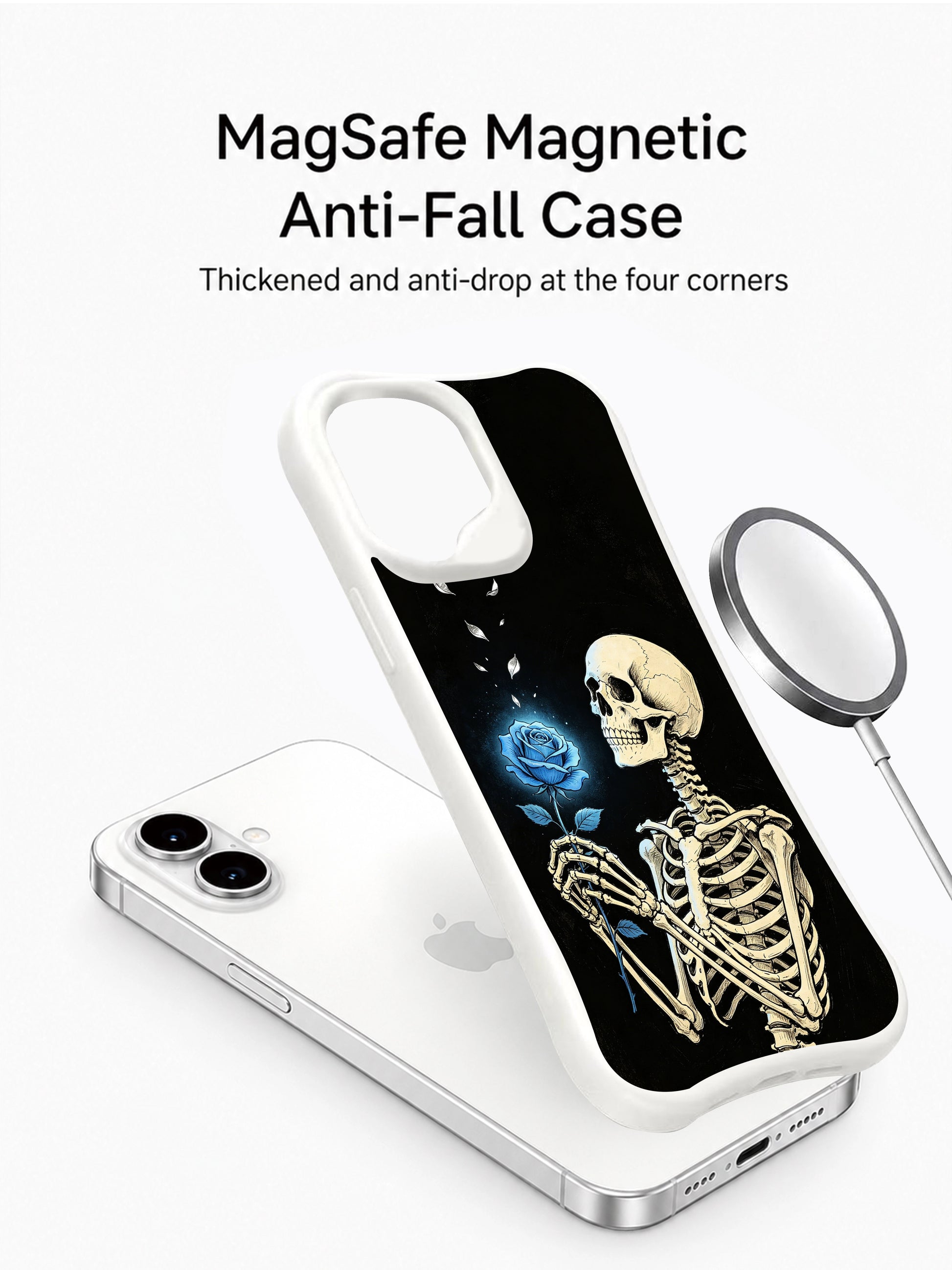 PhoneCasing Miracle Blue Bloom spiritual goth iPhone 16 Case, hand-drawn skeletal figure holding rising neon blue rose against matte black background, antimicrobial smooth finish durable iPhone 16 casing