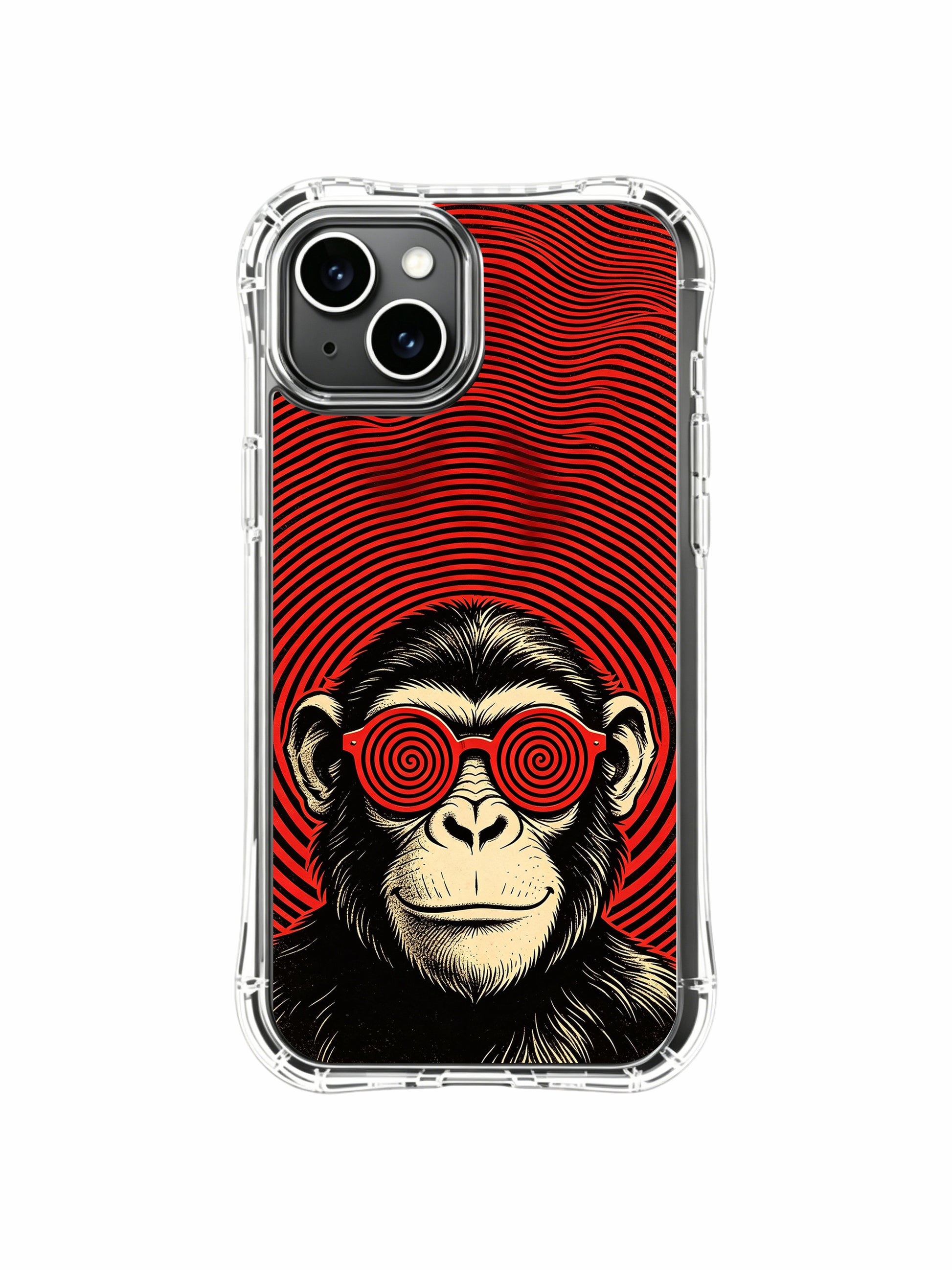 Mischief wit philosophy bespoke fine art red spiral glass retro chimp design by Rufus Vale on PhoneCasing iPhone 13 Case, exclusive limited-run art casing shipped from California USA.