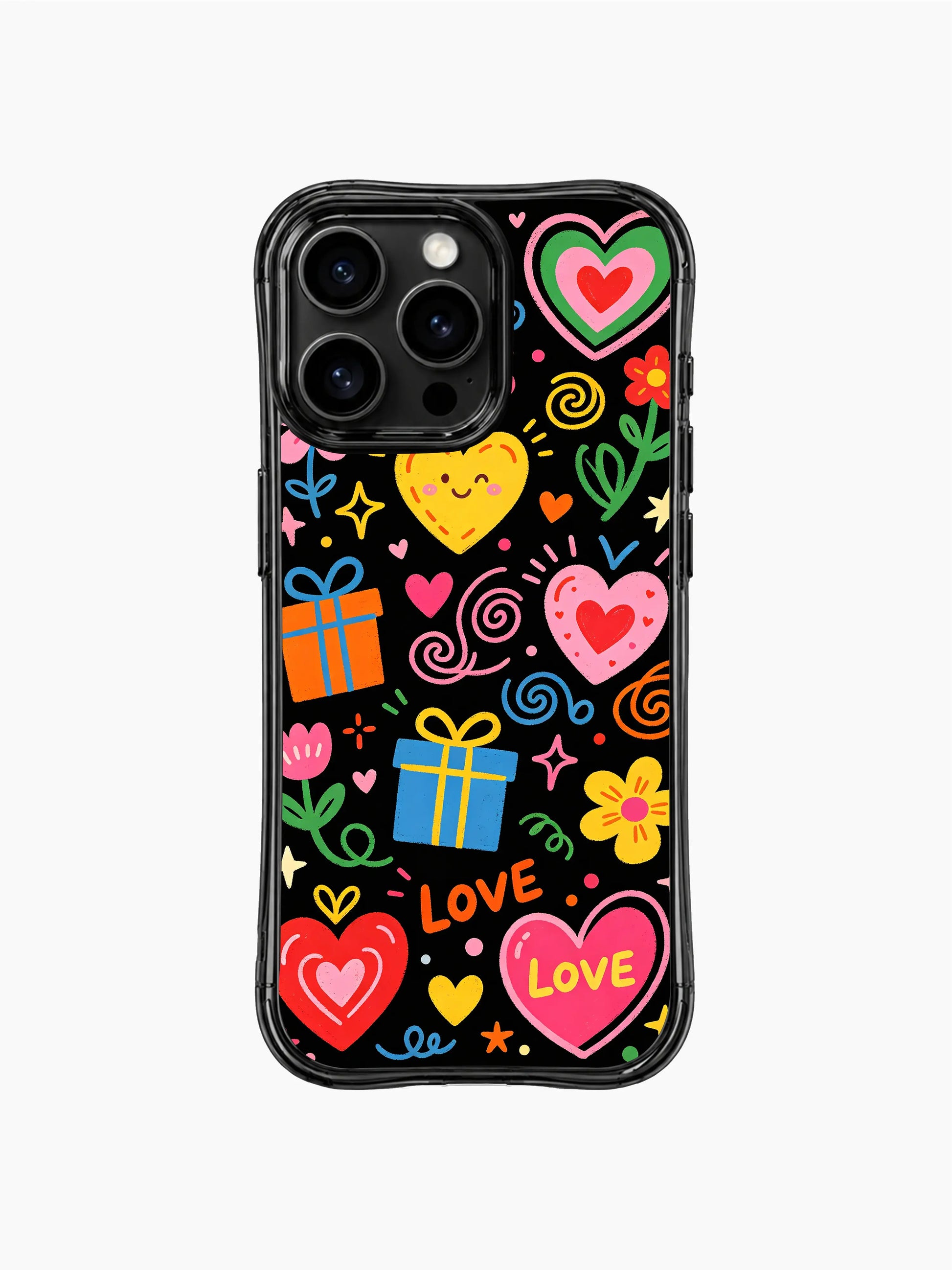 PhoneCasing iPhone 13 Pro Max casing mix of oversized central smiling hearts and tiny mini accent hearts, assorted bloom sizes and multi-style gift parcels, dynamic bustling street party aesthetic phone case.