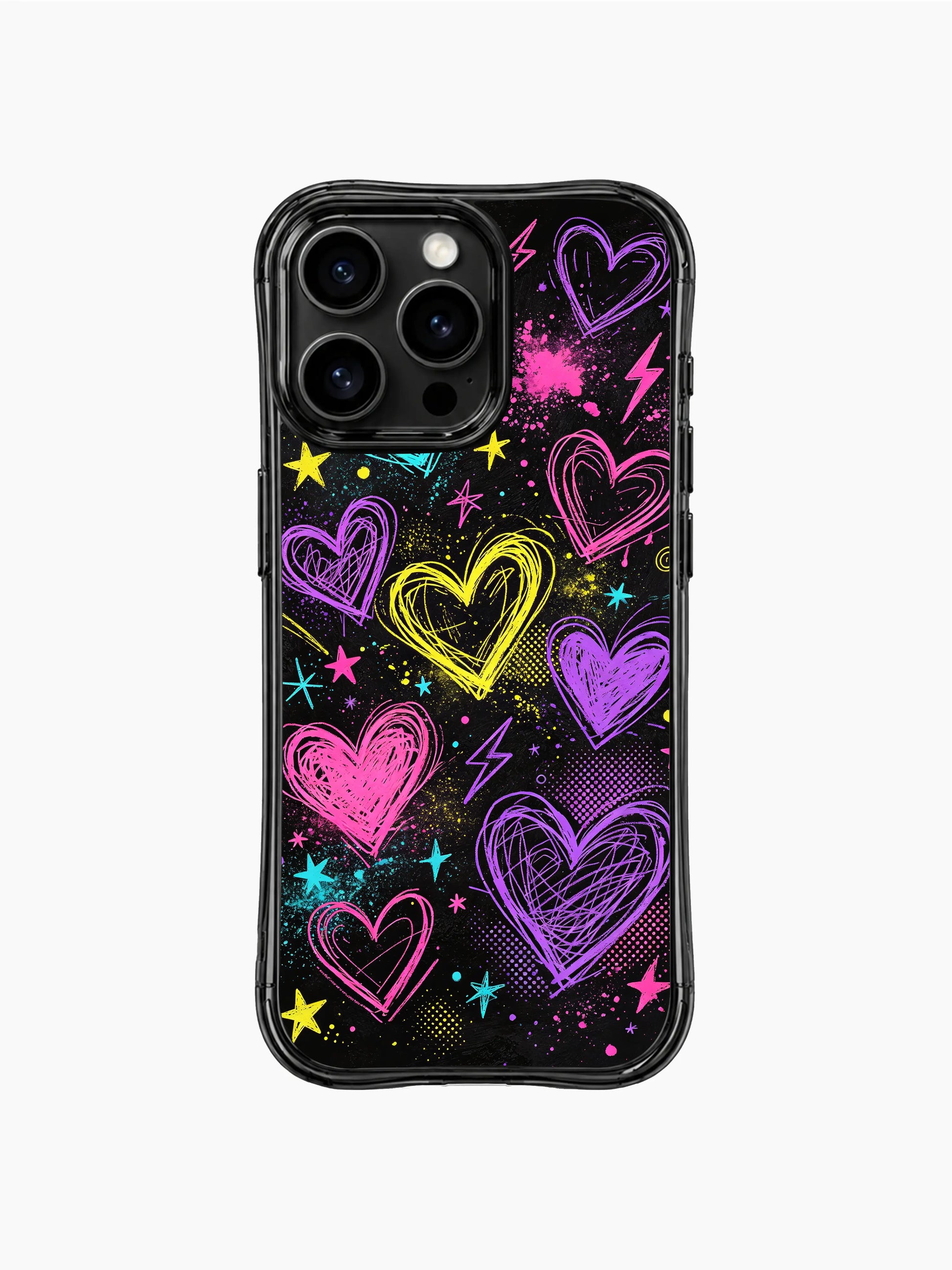 PhoneCasing iPhone 13 Pro Max casing filled with tiny dot stars, multi-point starbursts and glitter sparkles surrounding scribble hearts and neon lightning bolts, magical otherworldly love vibe phone case.