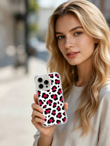 Vibrant modern watercolor bold leopard iPhone 14 Pro Case from PhoneCasing Wild Heart Safari designer line, exclusive Roxy Wildhart seamless hand-drawn white & pink spot pattern, smooth antimicrobial glossy finish