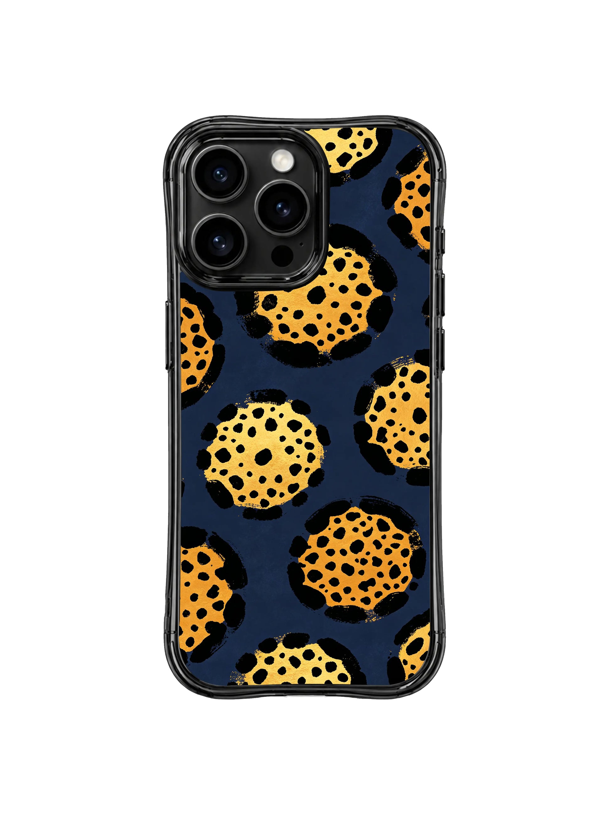 Refined modern watercolor luxe leopard iPhone 14 Pro Case from PhoneCasing Wild Heart Safari designer line, exclusive Roxy Wildhart seamless hand-drawn navy & gold spot pattern, smooth antimicrobial glossy finish