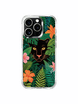 Black panther wrapped by monstera and ferns artwork on an iPhone 13 Pro case