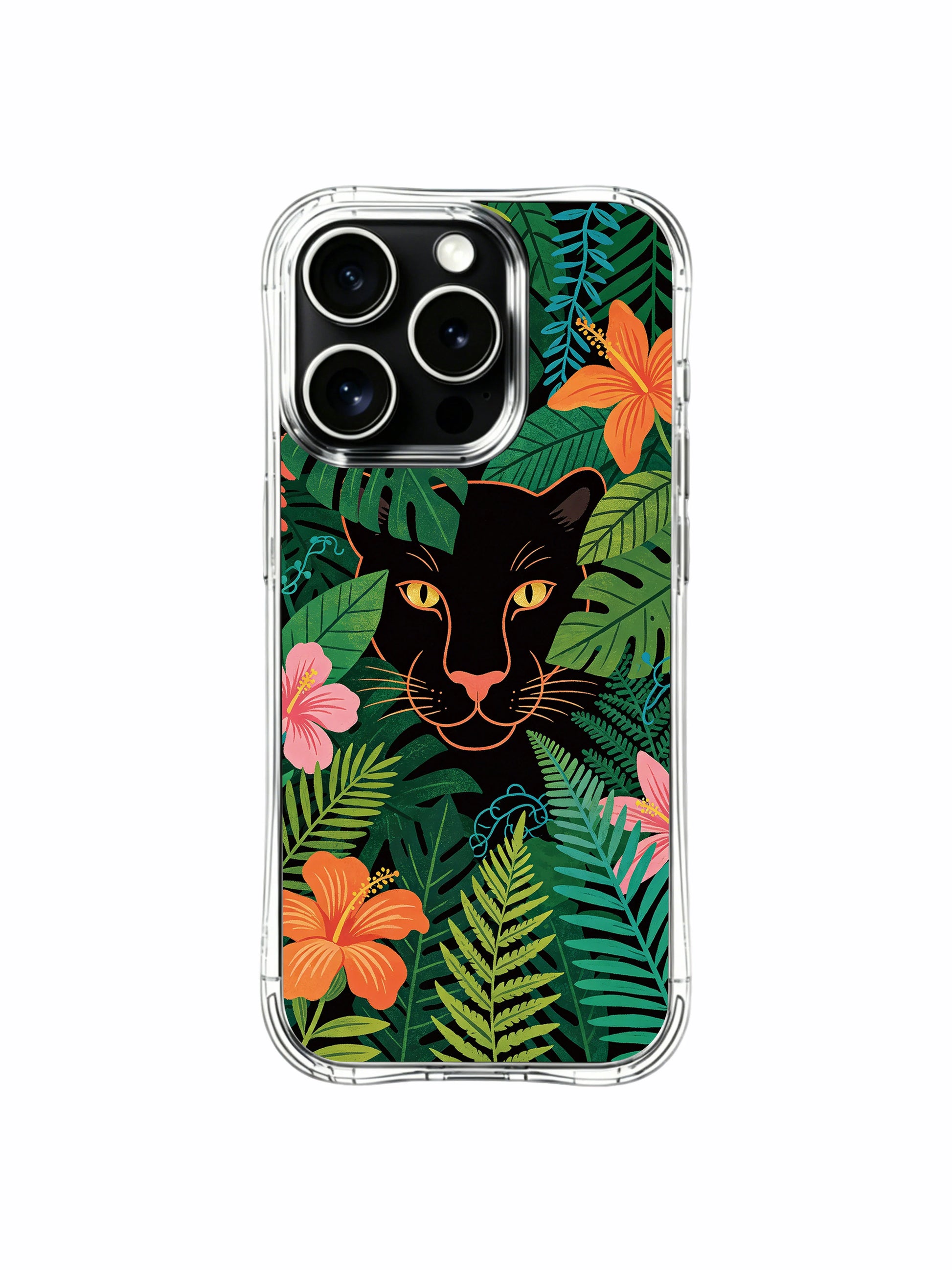 Mixed monstera, fern and hibiscus wrapping stealth black panther iPhone 13 pro Case from PhoneCasing, drop-proof transparent iPhone 13 pro casing, vibrant summer tropical garden printed phone cover.