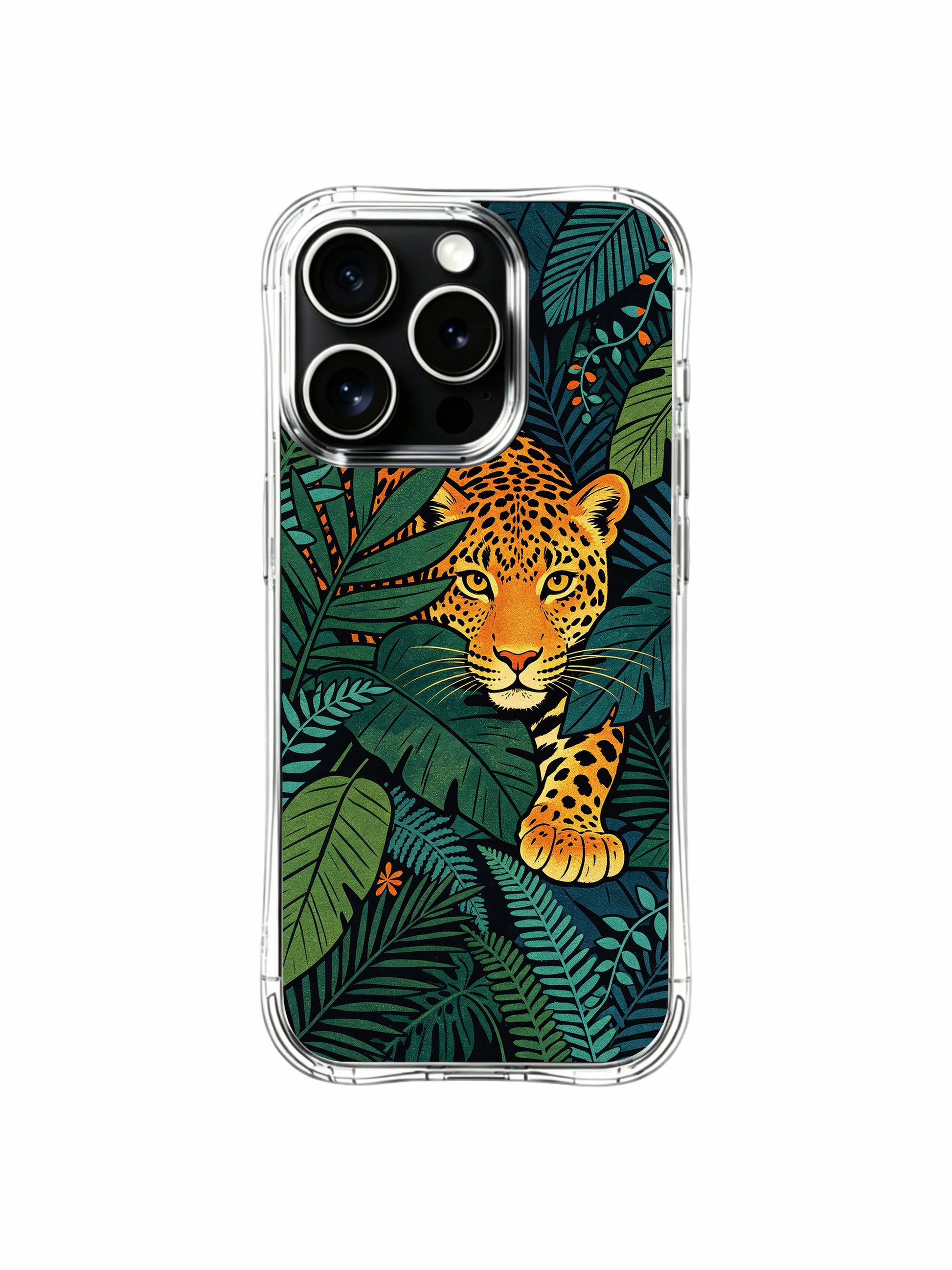 Mix of monstera, palm and curly vine leaves wrapping camouflaged wild jaguar iPhone 13 pro Case from PhoneCasing, drop-proof transparent iPhone 13 pro casing, vivid rainforest botanical printed phone cover.