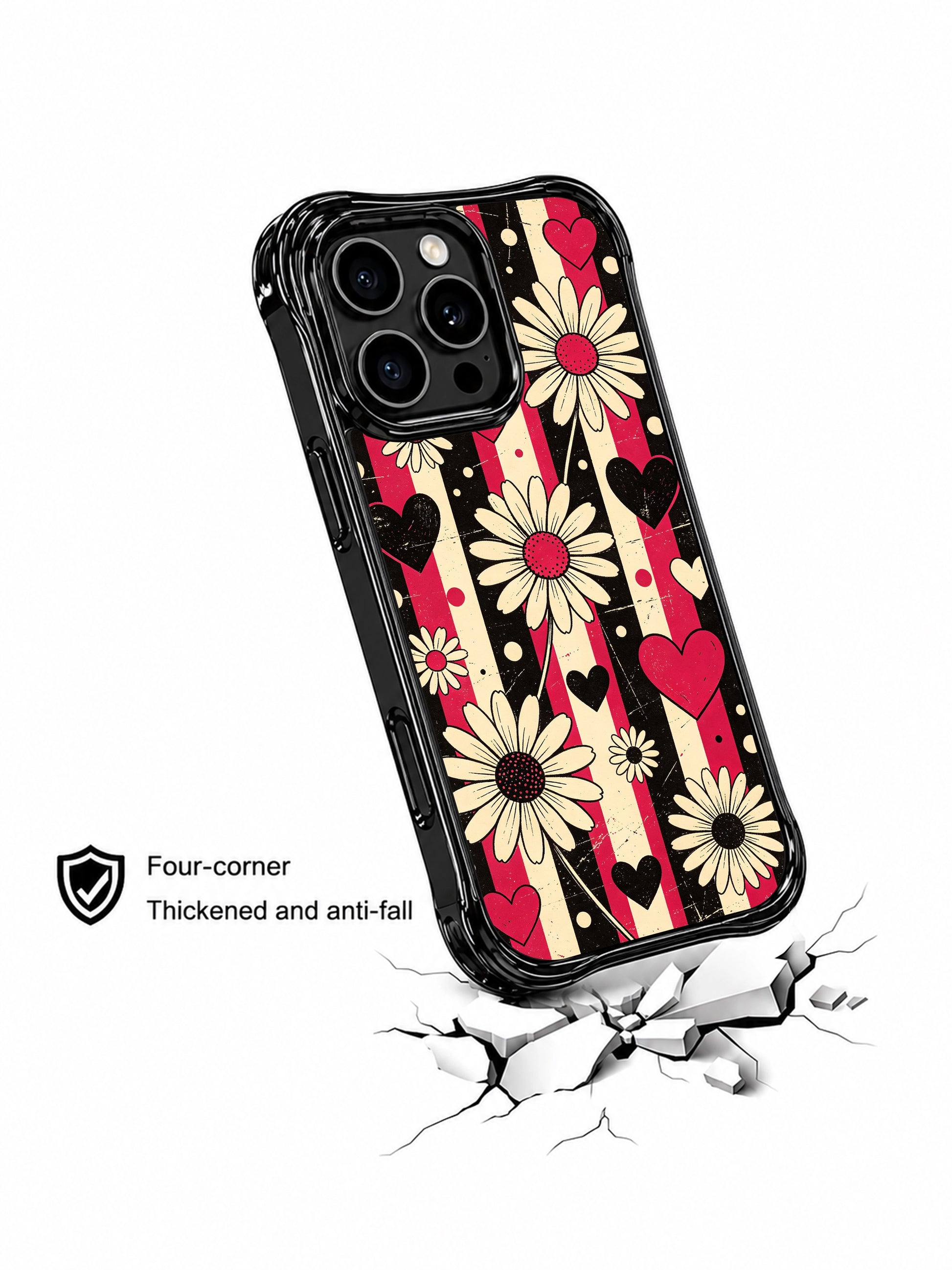 PhoneCasing iPhone 16 pro Case with deep matte black canvas layered worn cherry red faded vertical stripes and rhythm spaced vintage cream daisies, Ruby Daze Black Cherry Daisy Beat artist-designed wavy casing for self-assured feminine style.