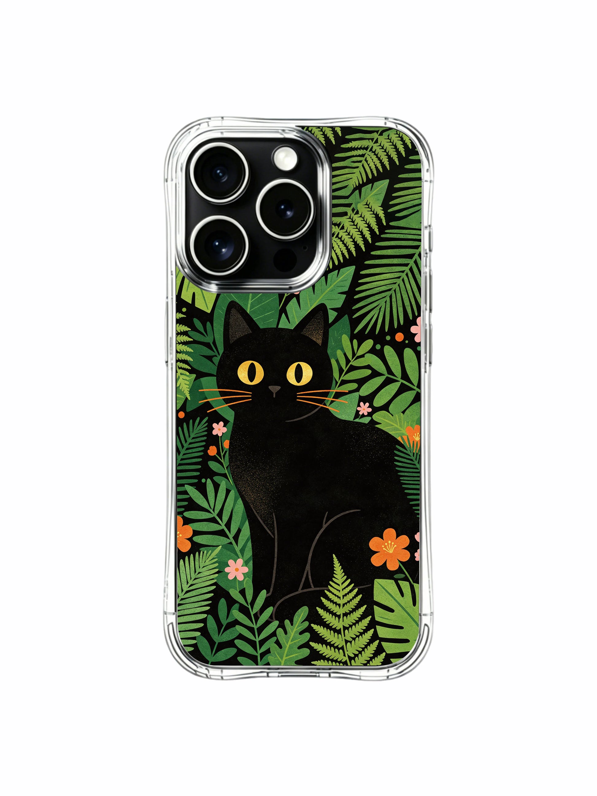 Moody dark tropic PhoneCasing iPhone 13 pro Case, four-corner anti-drop phone casing with Noah Wildfern’s original gold-eye cat artwork nestled amid thick shadowed greenery, upscale collector’s phone cover.