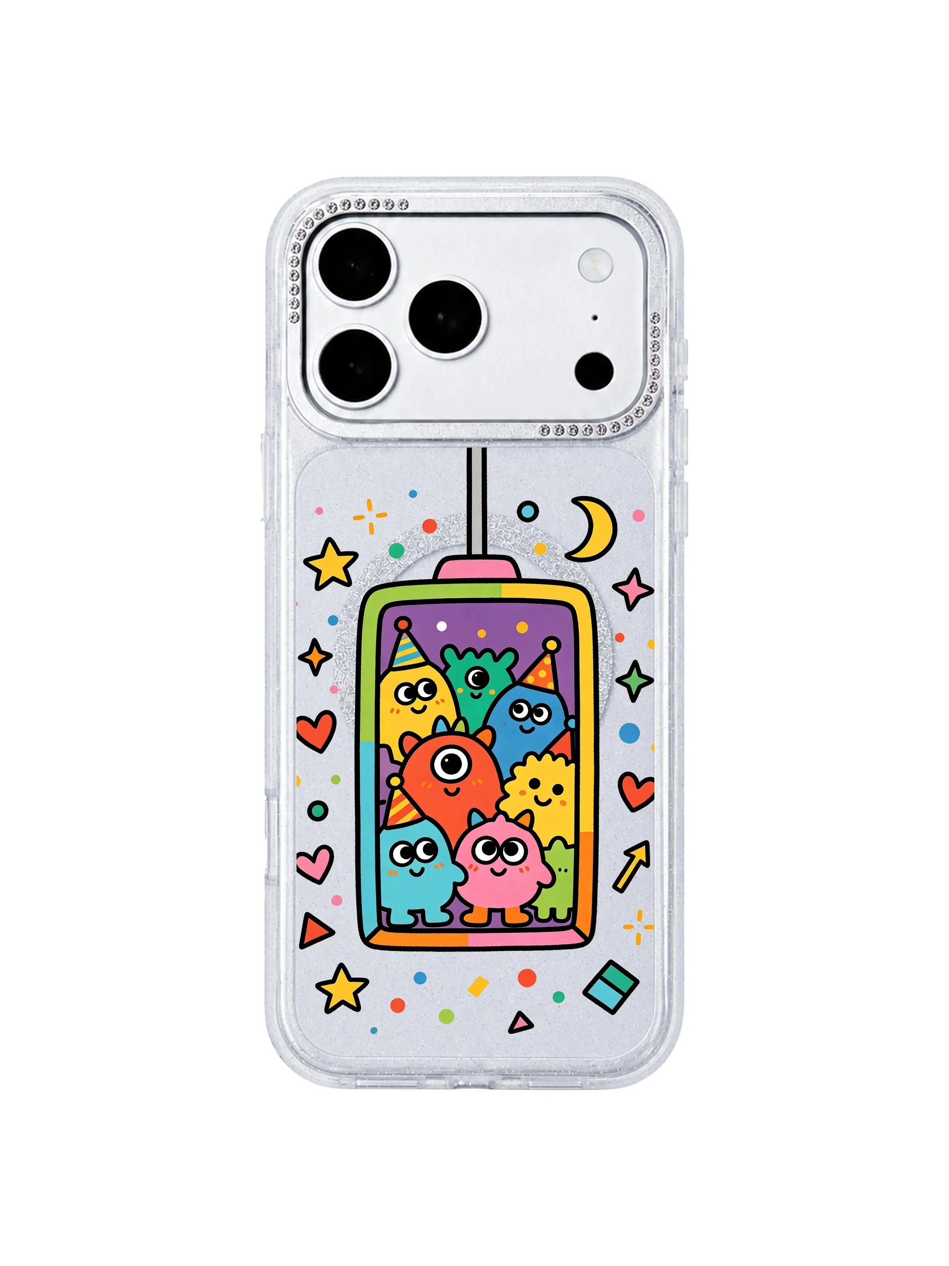 PhoneCasing decorative element close-up of hand-drawn star, moon, heart confetti and friendly mini monsters surrounding central fantasy elevator on Fantasy Monster Elevator iPhone 17 Pro Max case, hopeful storytelling visuals for iPhone 17 Pro Max casing product copy