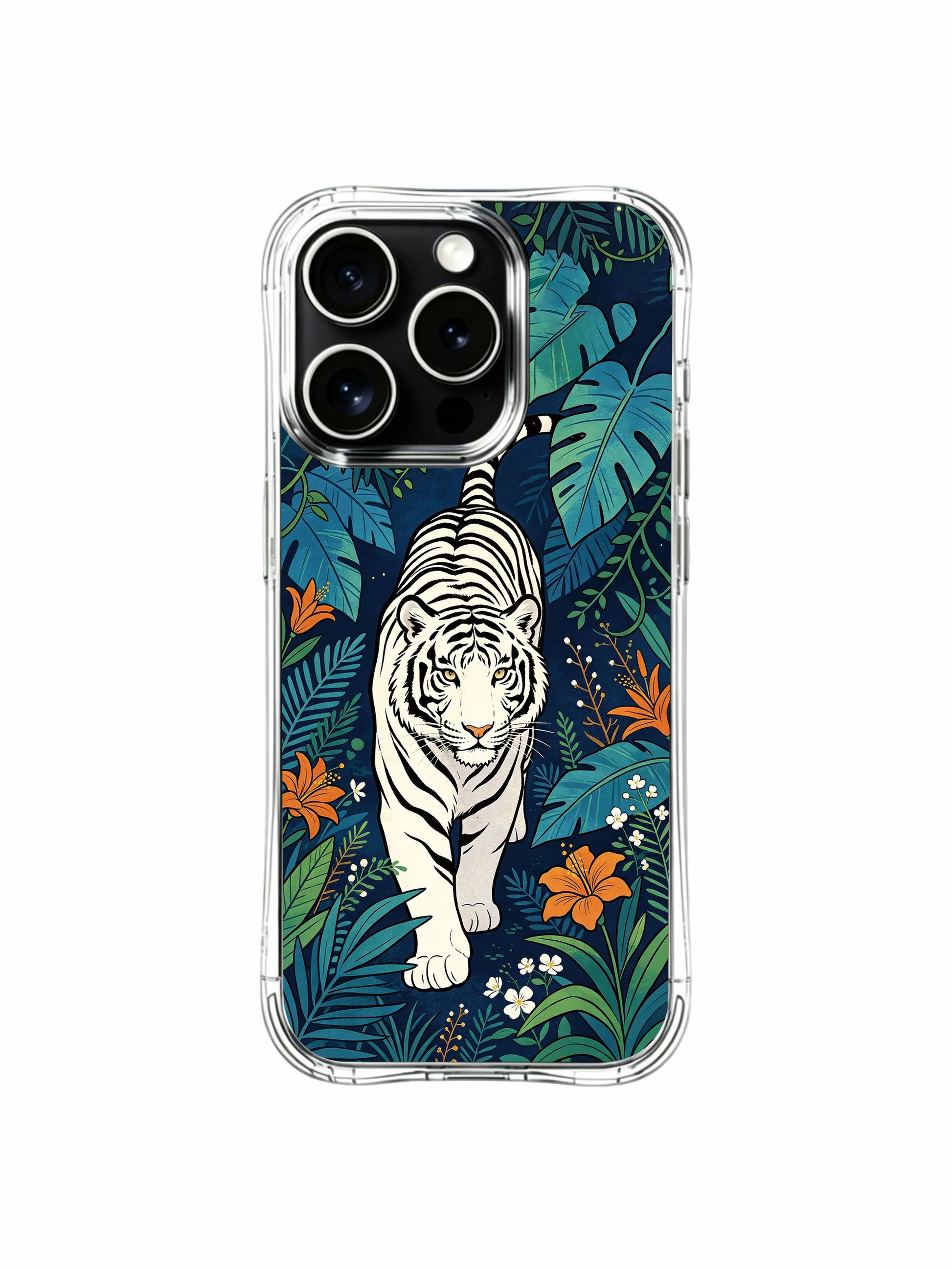 Moonbeam filtering tropical jungle white tiger fine art iPhone 13 Pro Case from PhoneCasing, US California made artist phone casing, subtle warm blossom luxury gift-ready phone case