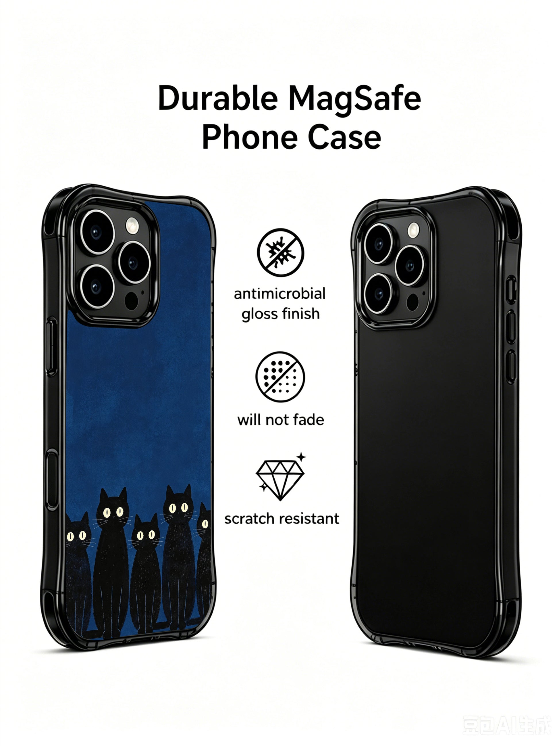 PhoneCasing iPhone 16 pro max MagSafe case showcasing moonlit black kittens, their bright eyes shining like tiny moonlight in midnight blue.