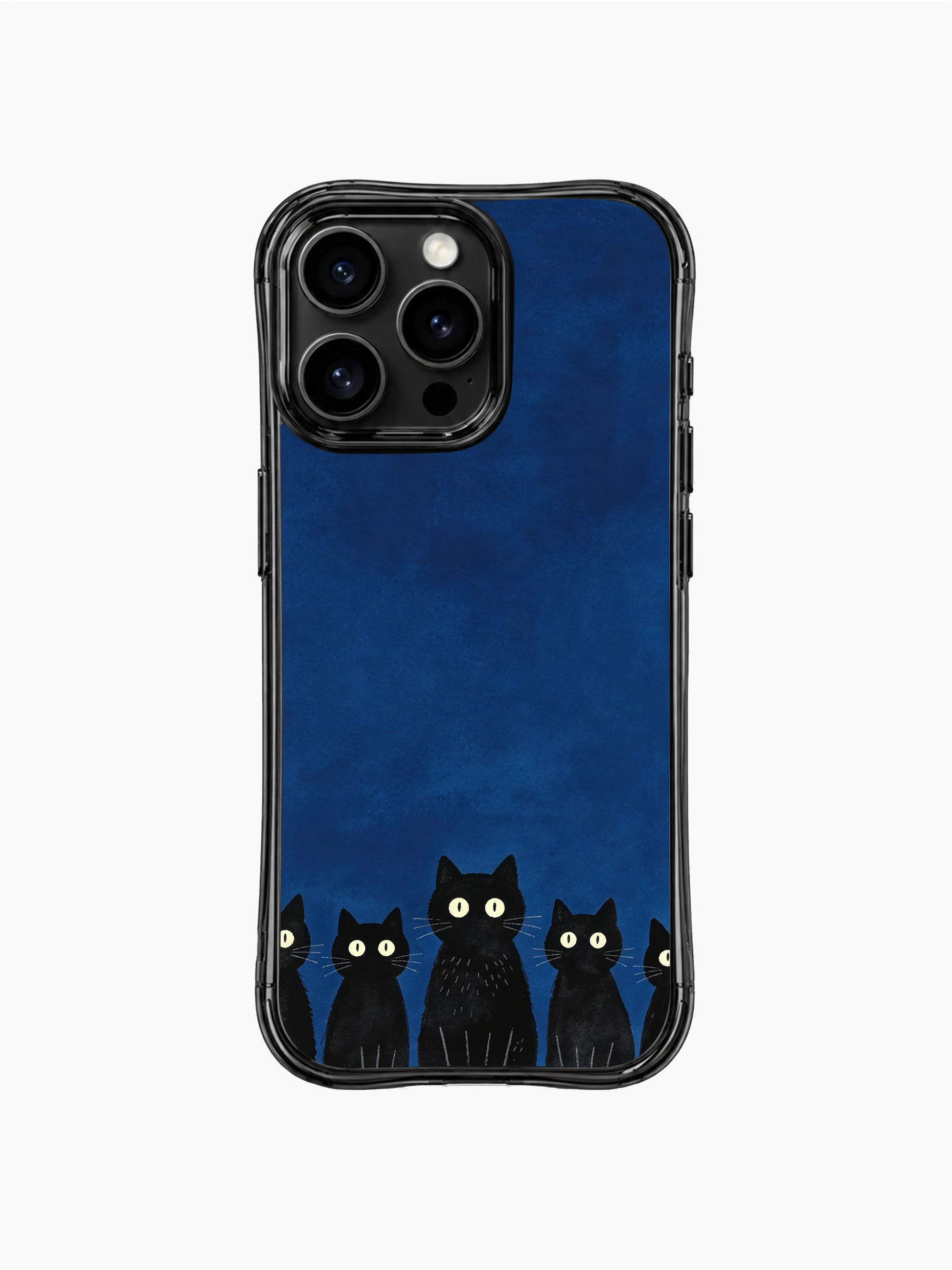 PhoneCasing iPhone 16 pro max clear case with moonlit feline queue, black cats lining up quietly on the night station.