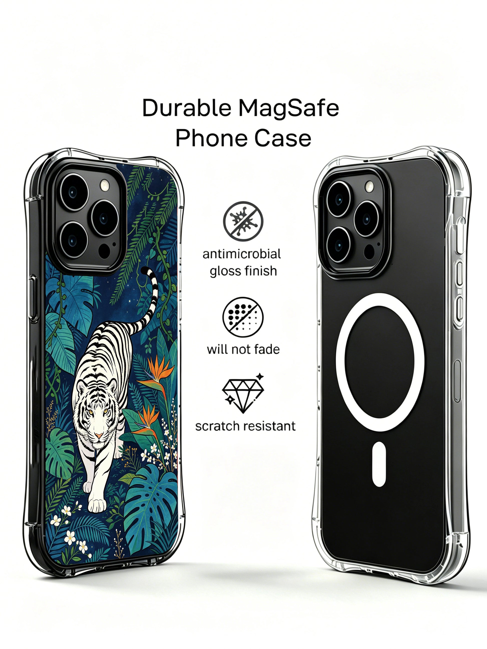 Handcrafted artist designed iPhone 13 Pro Case by PhoneCasing, moonlit jungle white tiger print durable phone casing, warm orange bloom detail luxury illustrated protective case