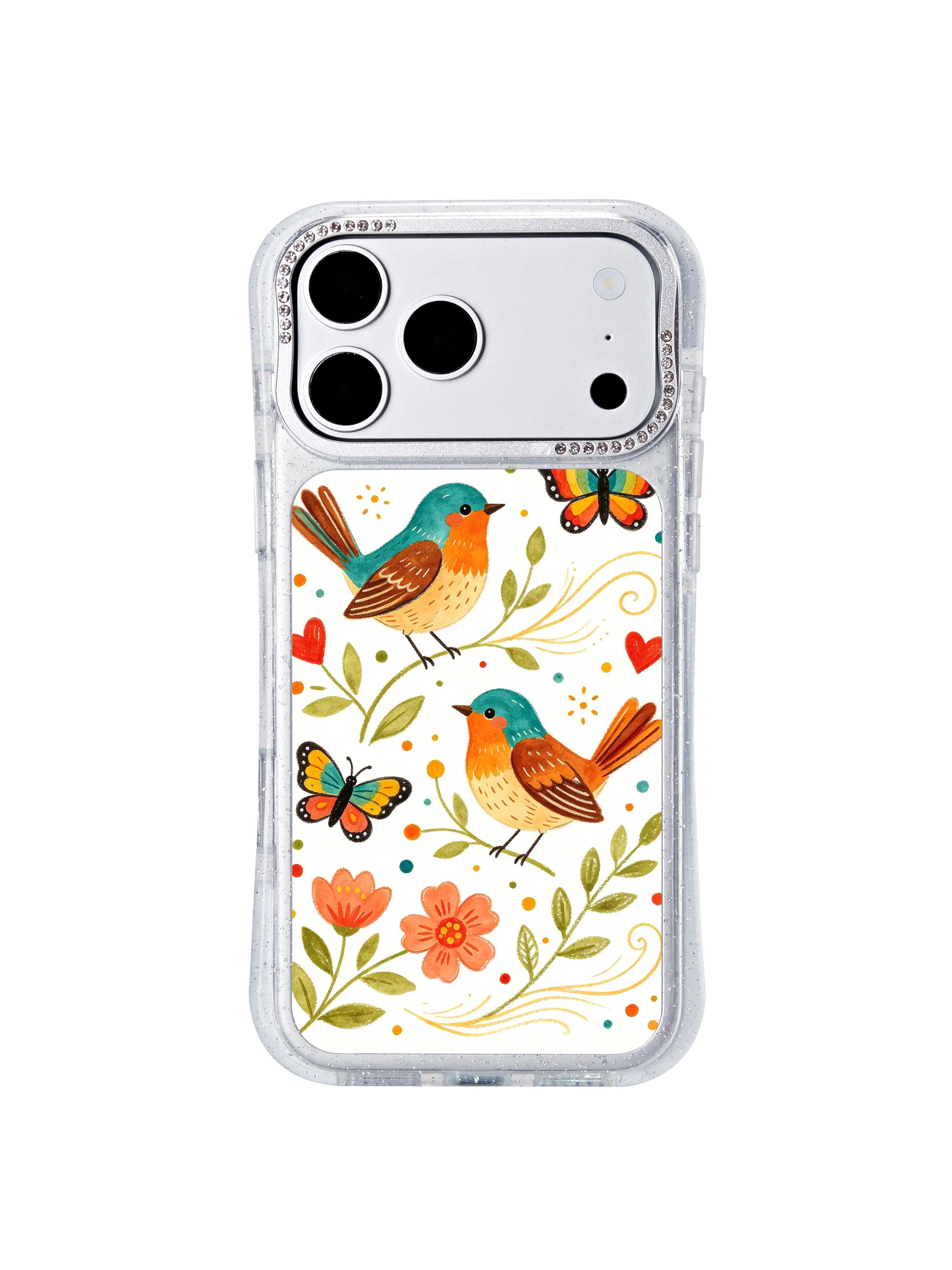 PhoneCasing limited edition iphone 17 pro Max casing designed by Aurelia Finch, vibrant multi-butterfly Morning Wind Bird Garden folk art collectible.
