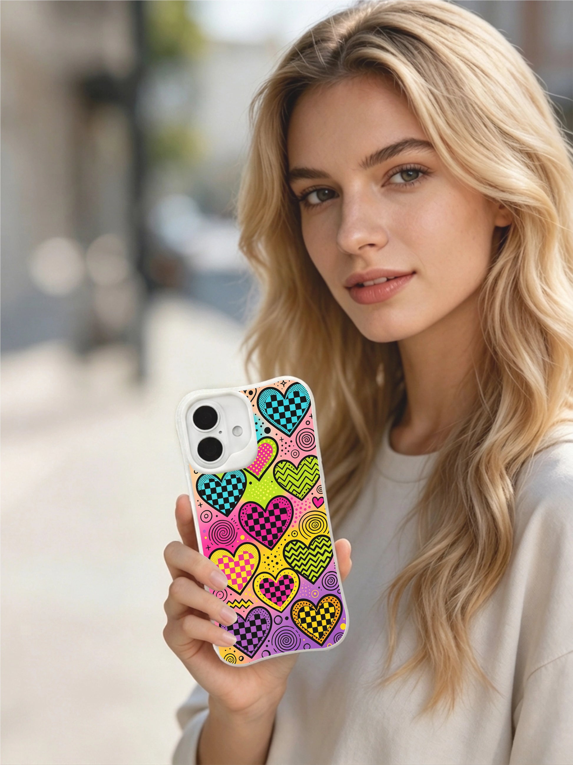 PhoneCasing Mosaic Retro Hearts Case for iPhone 16 Plus, a bold iPhone 16 plus casing with colorful geometric hearts and gradient background.